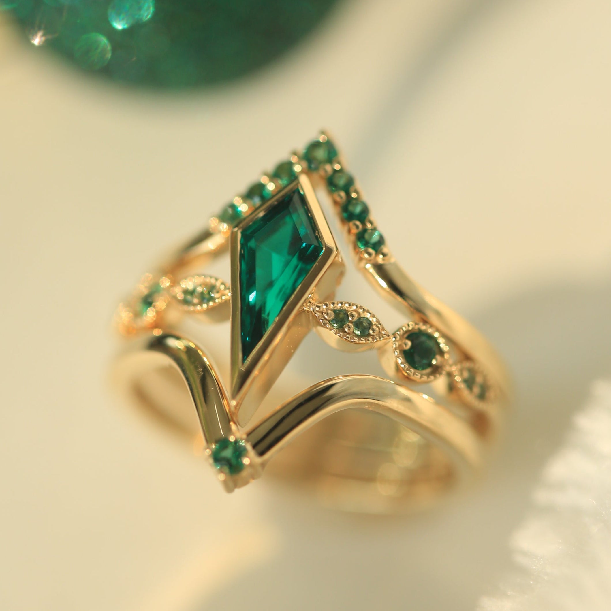 "Bianca" - Bridal Suite - Kite Cut Lab-Grown Emerald Engagement Ring With Emerald Accents
