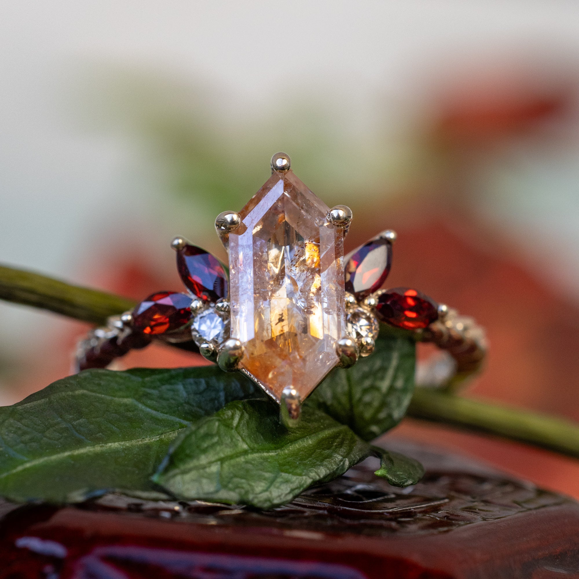 ONE-OF-A-KIND - "LAUREL" - ELONGATED HEXAGON CUT SALT & PEPPER DIAMOND ENGAGEMENT RING WITH GARNET & CHAMPAGNE DIAMOND ACCENTS-Staghead Designs