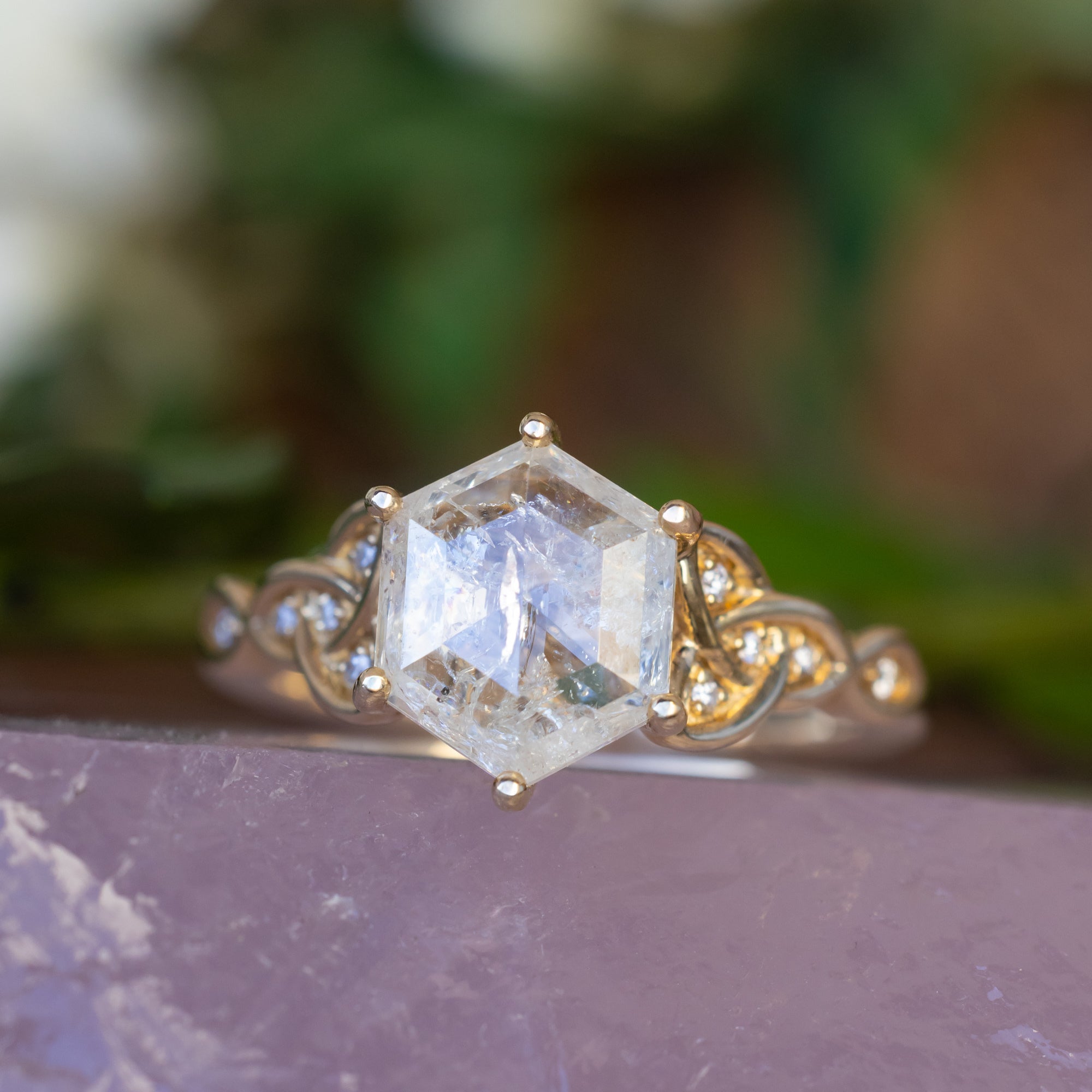 ONE-OF-A-KIND - "AIFE" - CELTIC KNOT ENGAGEMENT RING WITH A 2.295CT HEXAGON ROSE CUT ICY SALT & PEPPER DIAMOND-Staghead Designs