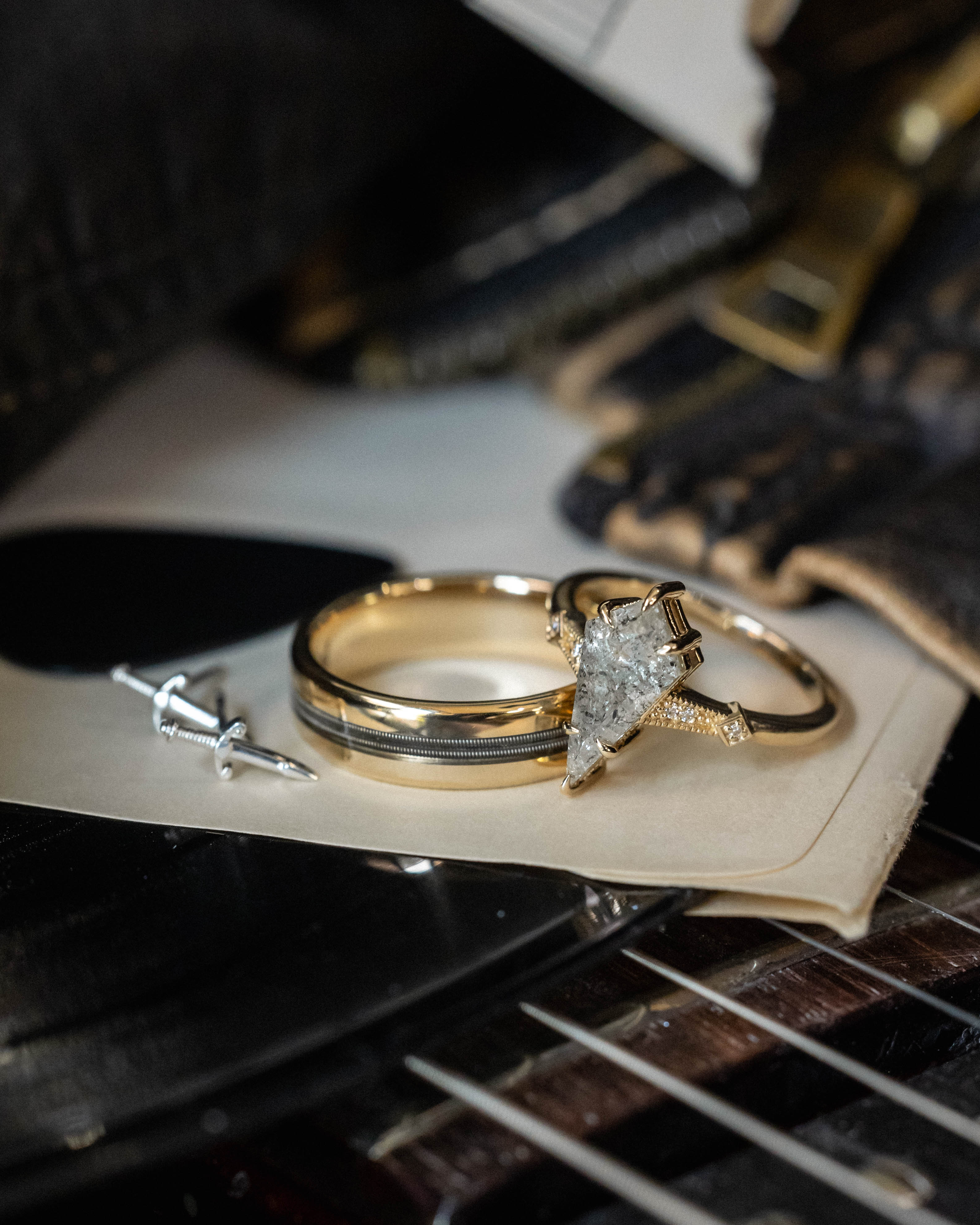 ONE-OF-A-KIND - "ANNORA" - KITE STEP CUT SALT & PEPPER DIAMOND ENGAGEMENT RING WITH DIAMOND ACCENTS-Staghead Designs