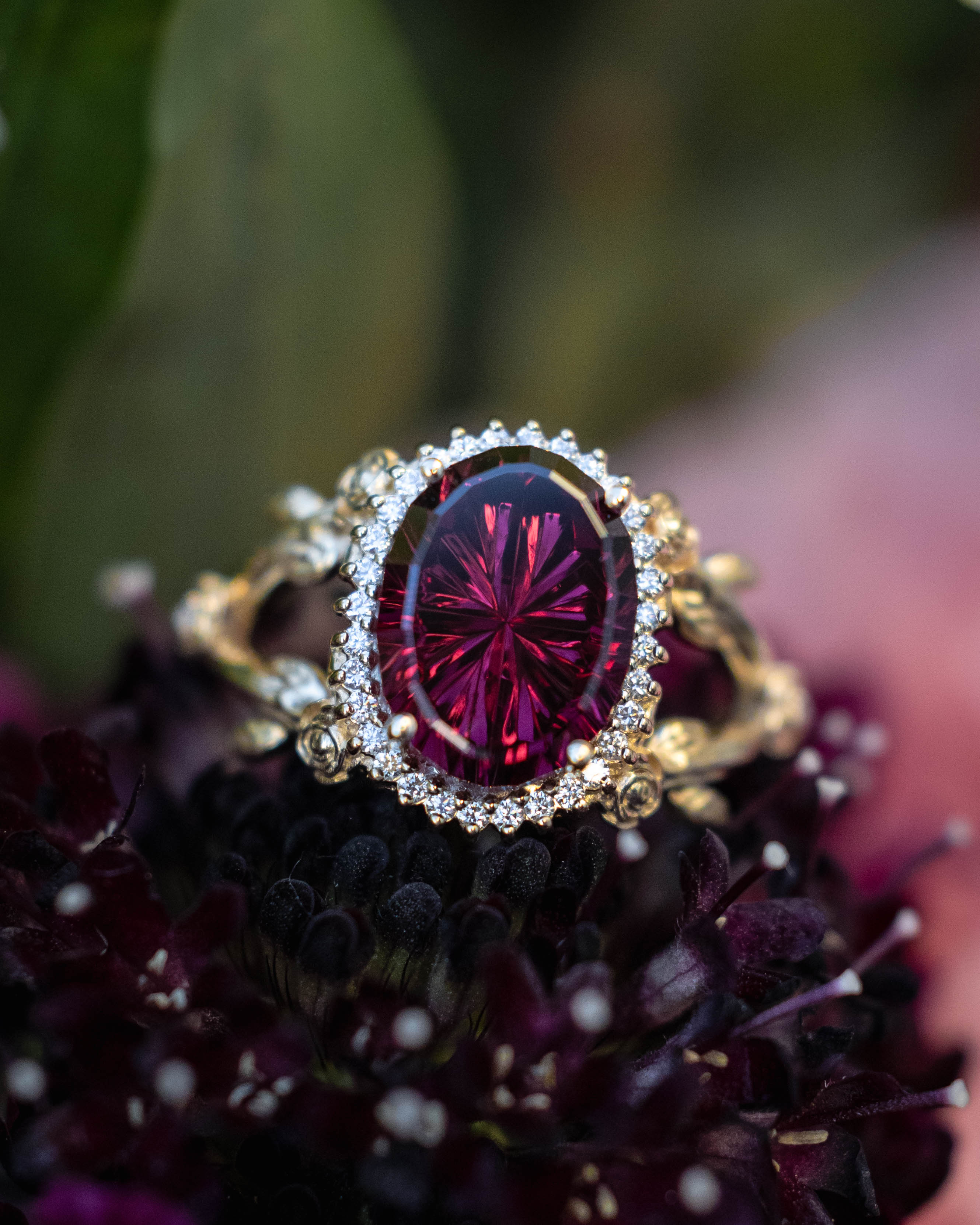 ONE-OF-A-KIND - "HALINA" - STARBRITE OVAL CUT RHODOLITE GARNET ENGAGEMENT RING WITH DIAMOND ACCENTS-Staghead Designs