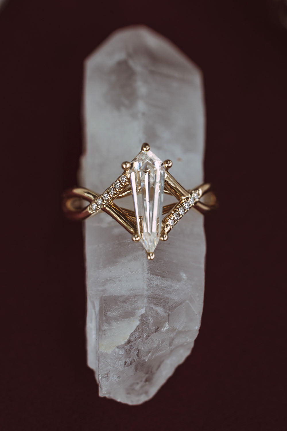 "Roslyn" - Dagger Cut Moissanite Engagement Ring With Diamond Accents-Staghead Designs