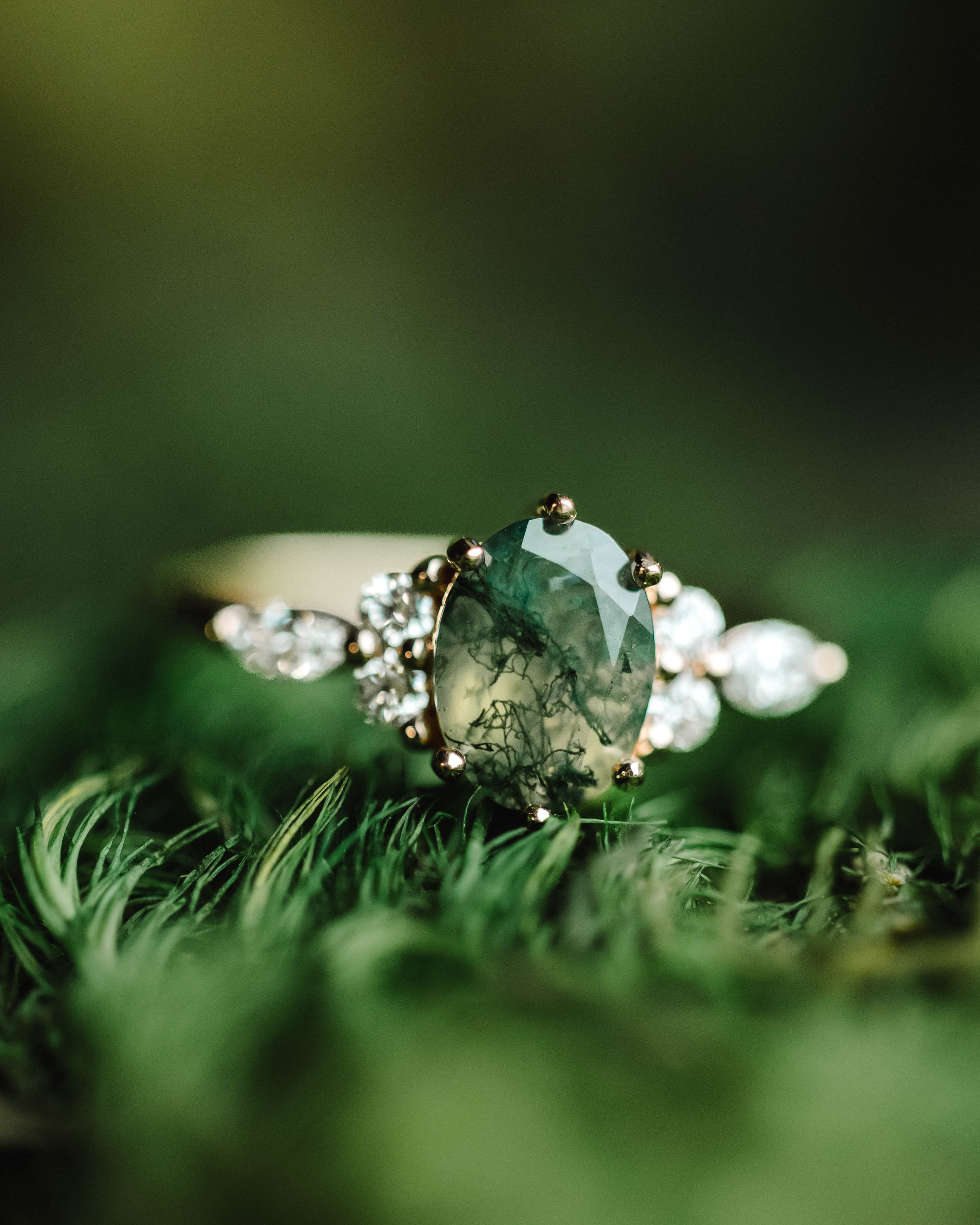 "SAGE" - OVAL CUT MOSS AGATE ENGAGEMENT RING WITH DIAMOND ACCENTS-Staghead Designs