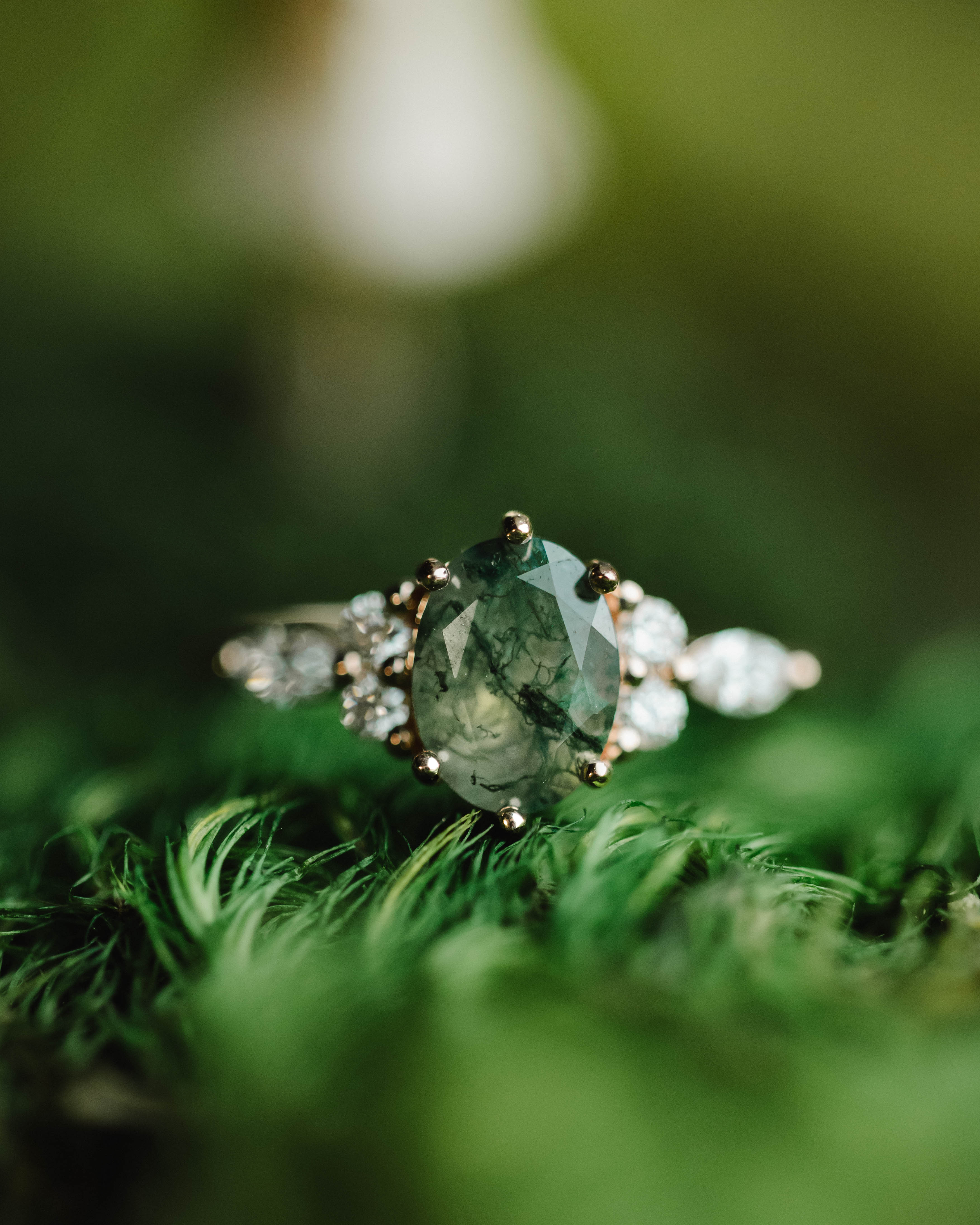 "SAGE" - OVAL CUT MOSS AGATE ENGAGEMENT RING WITH DIAMOND ACCENTS-Staghead Designs