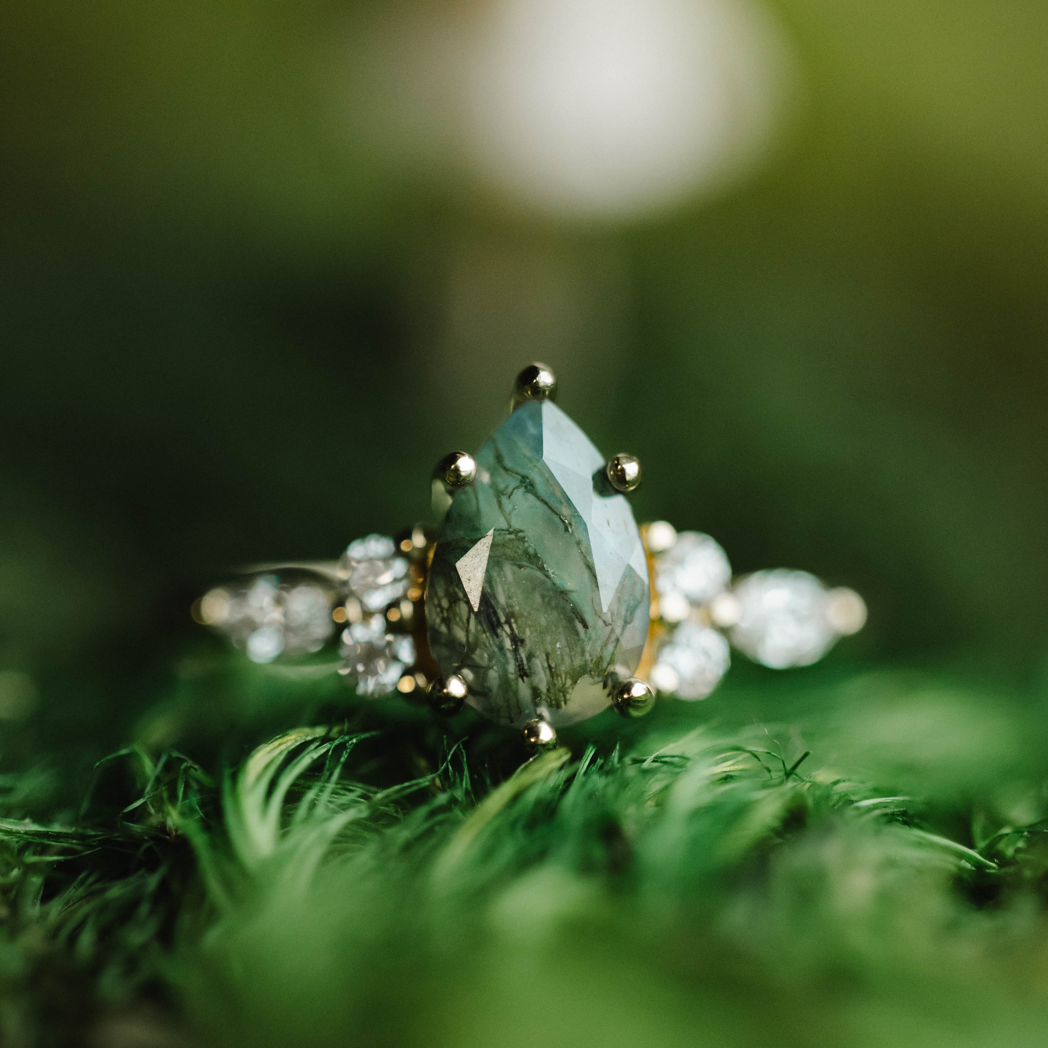 "SAGE" - PEAR CUT MOSS AGATE ENGAGEMENT RING WITH DIAMOND ACCENTS-Staghead Designs