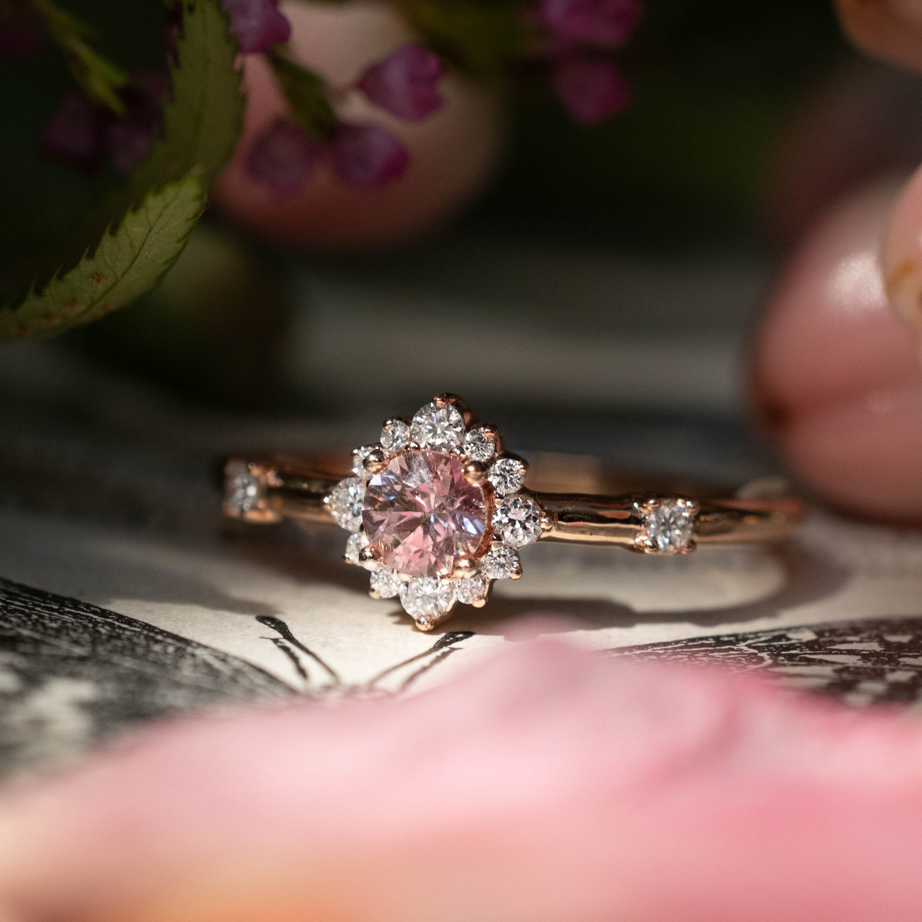 ONE-OF-A-KIND - "STARLA" - ROUND CUT DRAGON GARNET ENGAGEMENT RING WITH DIAMOND ACCENTS-Staghead Designs