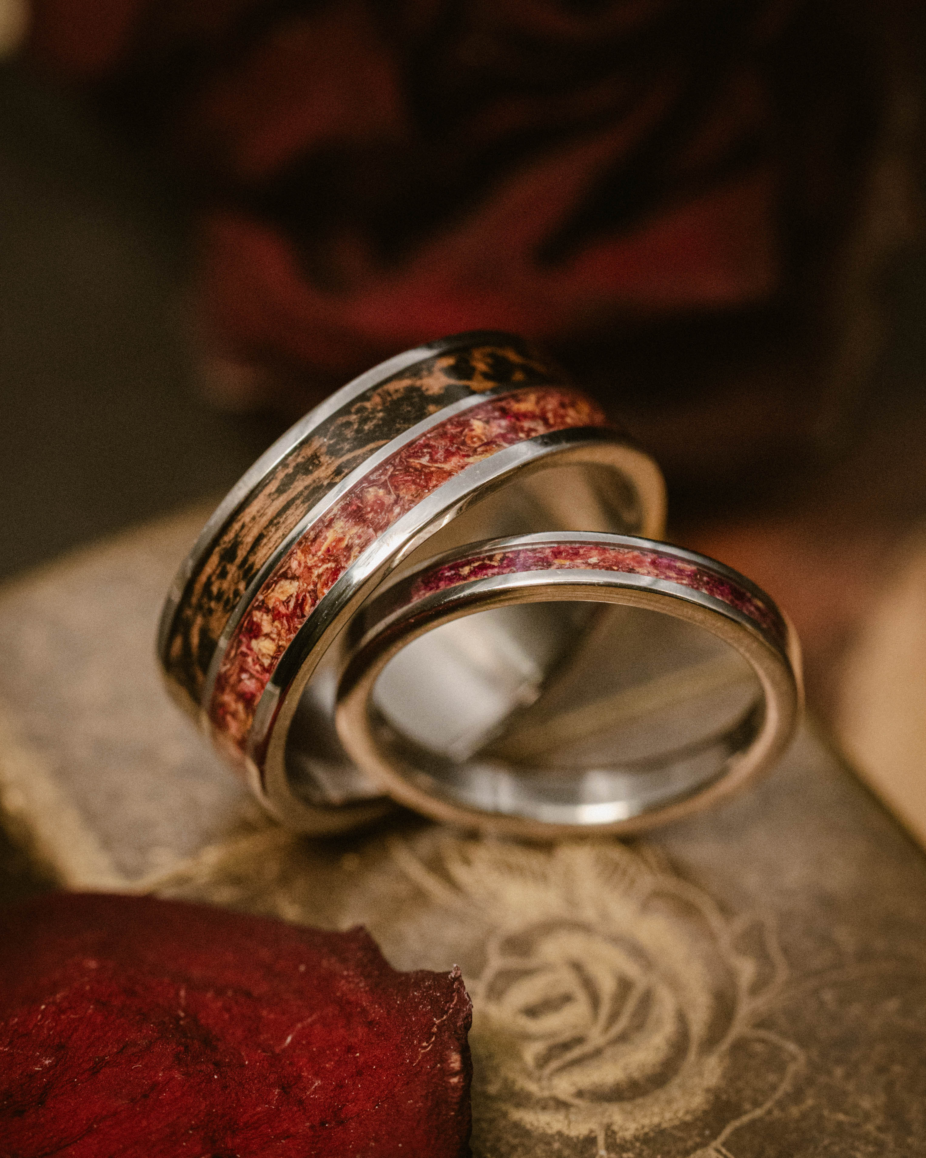 "DYAD" - TATTOO INK, ROSE PETALS & WHISKEY BARREL OAK WEDDING BAND-Staghead Designs