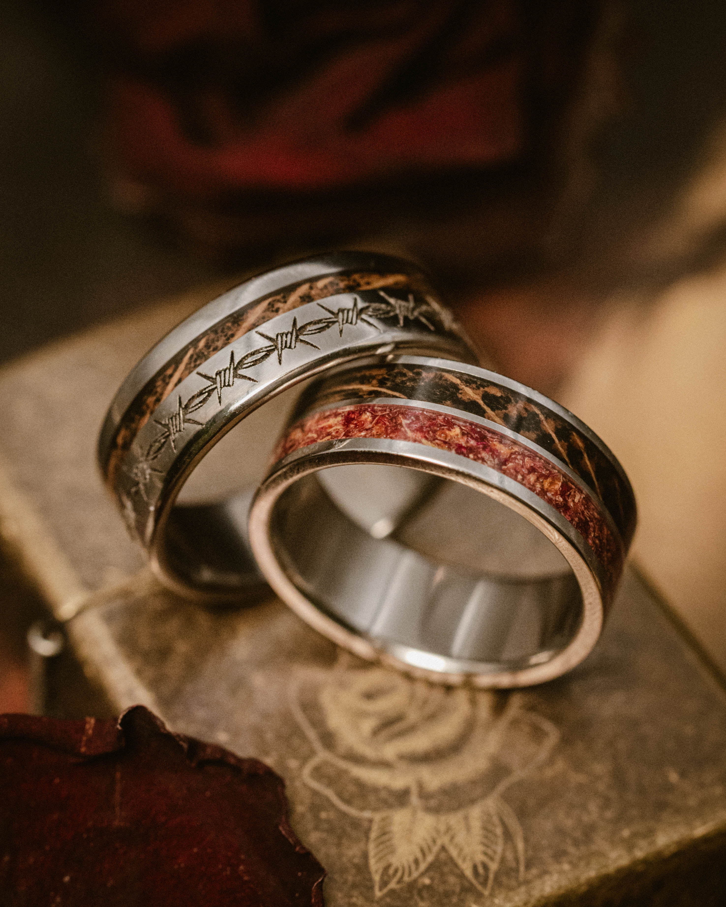 "DYAD" - TATTOO INK, ROSE PETALS & WHISKEY BARREL OAK WEDDING BAND-Staghead Designs