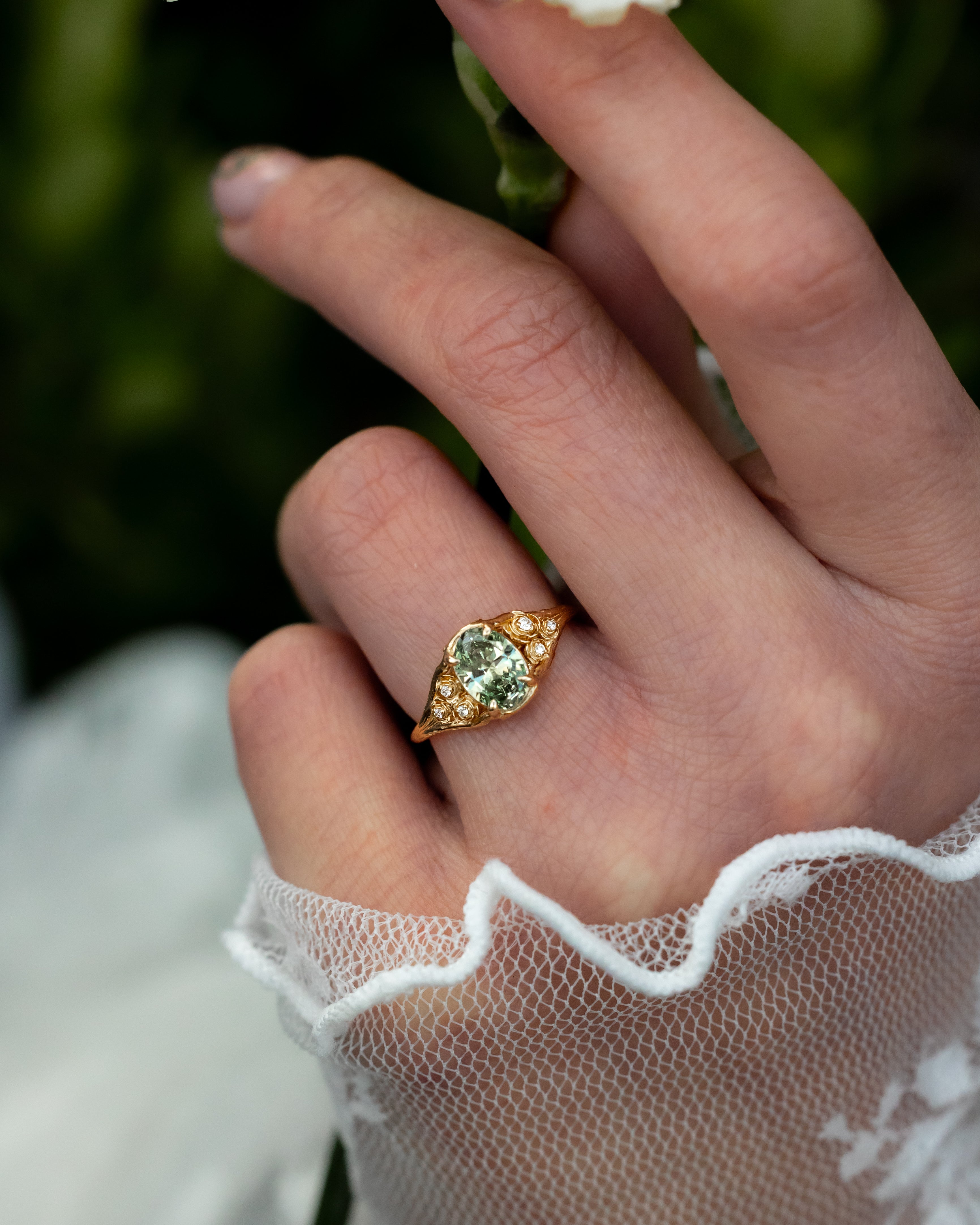 ONE-OF-A-KIND - "THORNE" - FLORAL-STYLE ENGAGEMENT RING WITH .88CT LAB-GROWN OVAL CUT VIVID GREEN DIAMOND-Staghead Designs