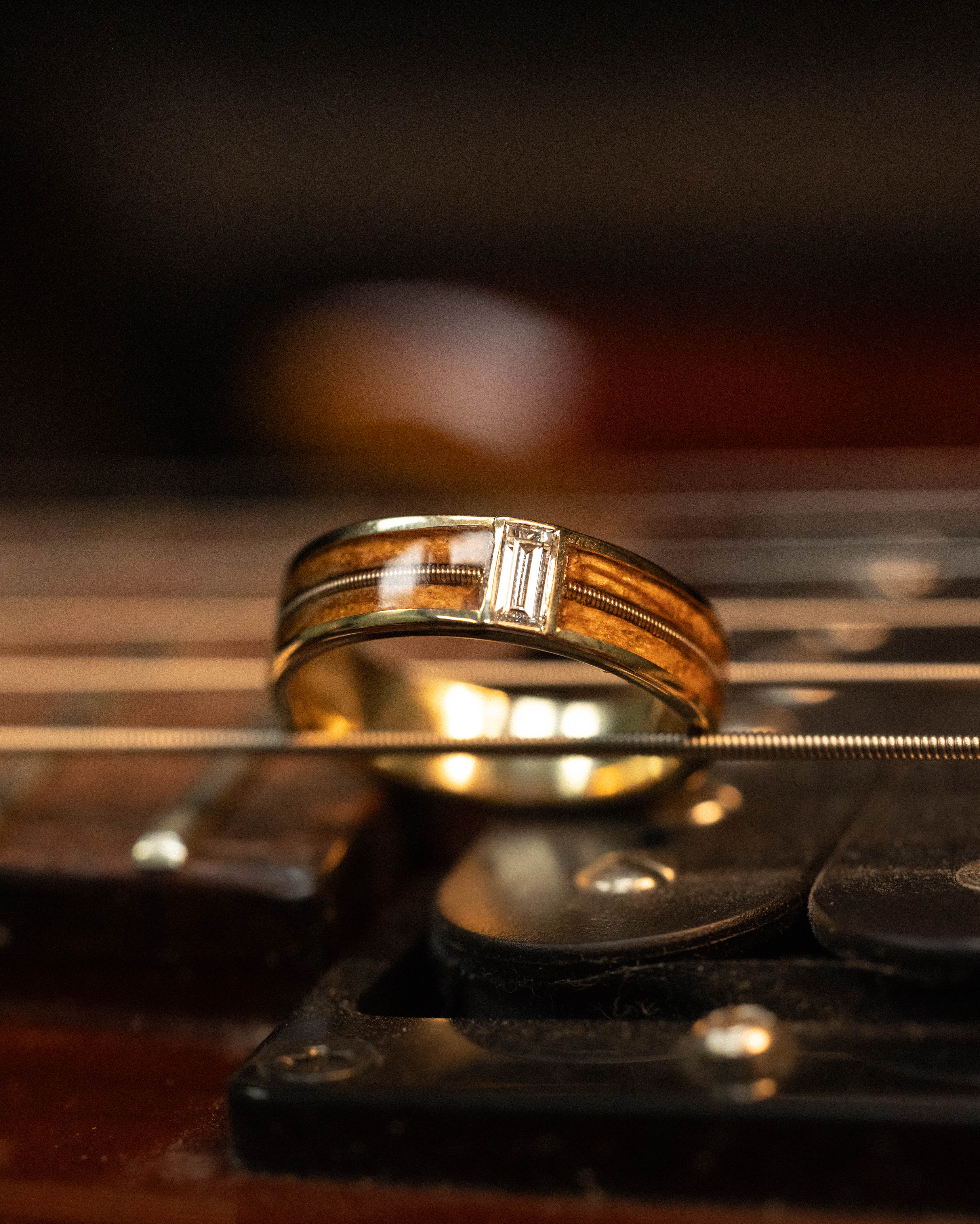 "VAUGHAN" - GUITAR STRING & WHISKEY BARREL OAK WEDDING RING WITH LAB-GROWN BAGUETTE CUT DIAMOND-Staghead Designs