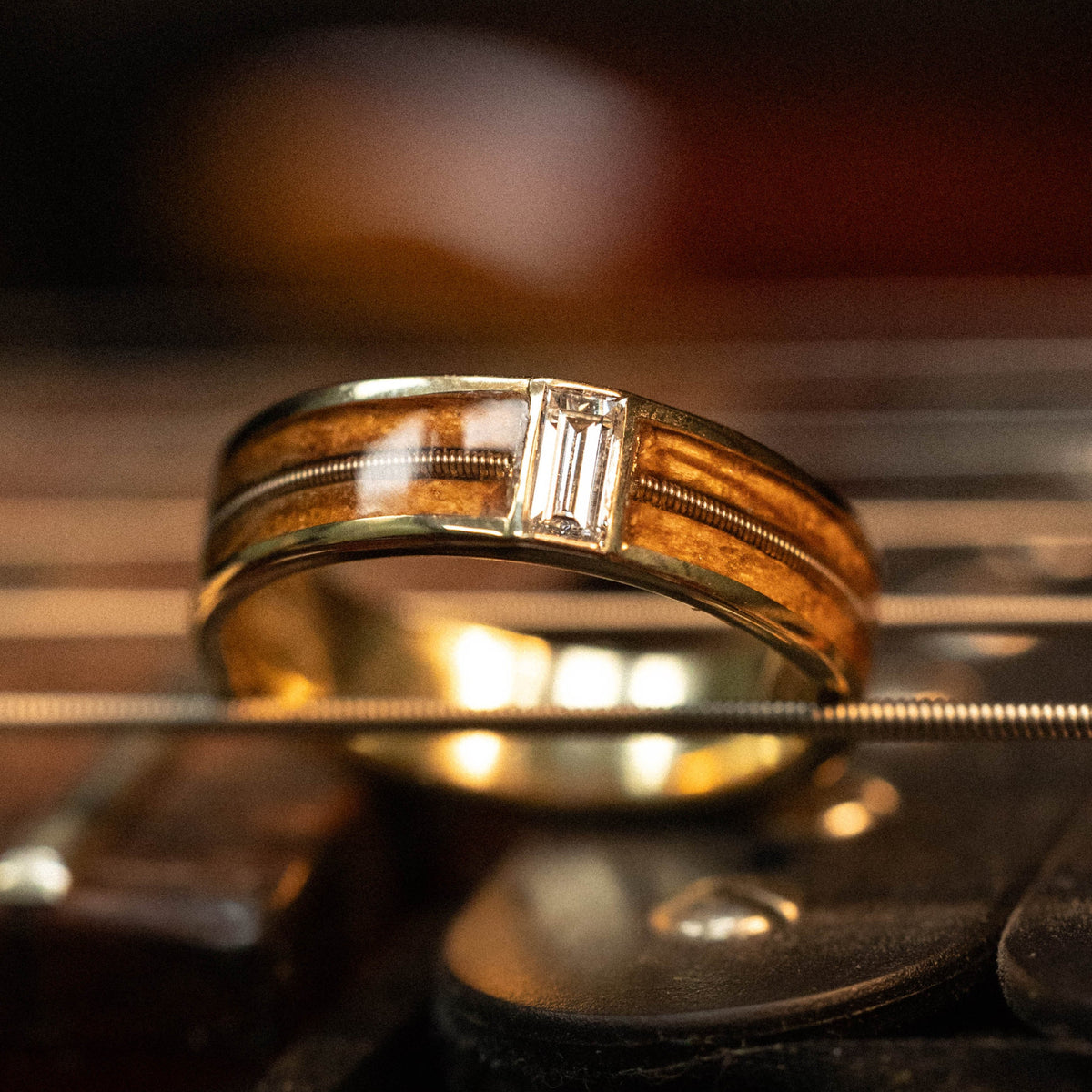 "VAUGHAN" - GUITAR STRING & WHISKEY BARREL OAK WEDDING RING WITH LAB-GROWN BAGUETTE CUT DIAMOND-Staghead Designs