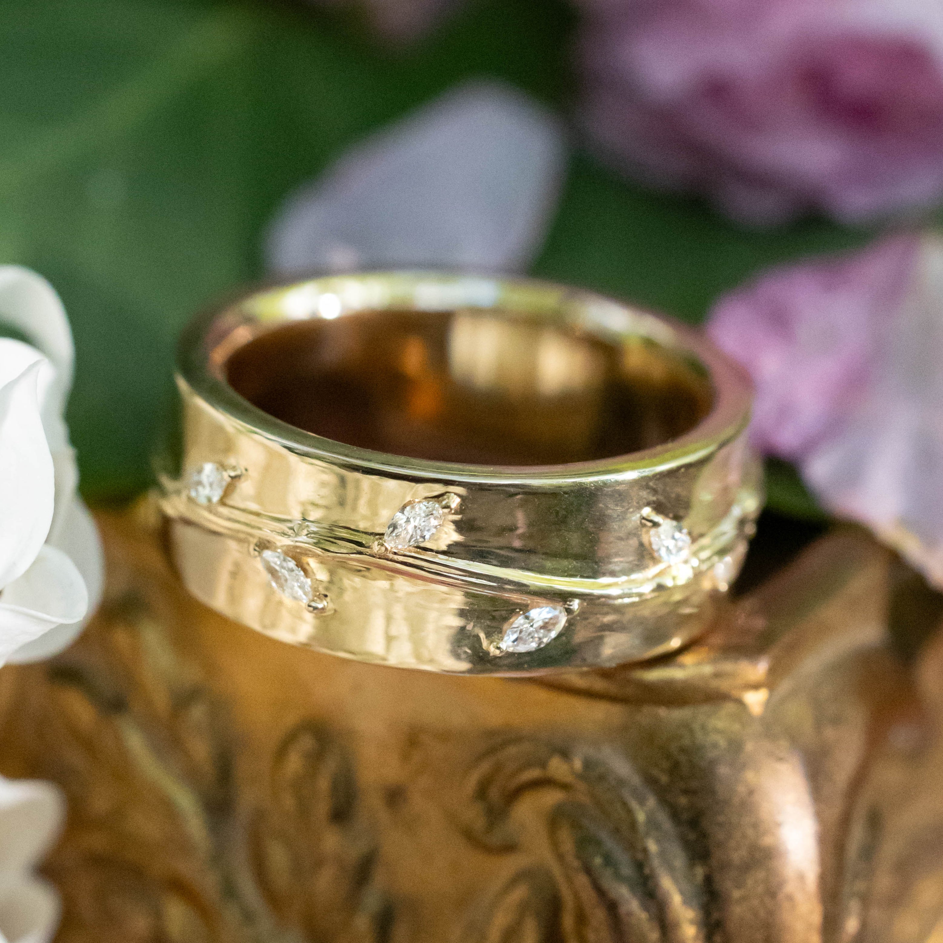 "Alwin" - Custom Vine Embossed Men's Wedding Ring With Leaf-Inspired Diamond Accents-Staghead Designs