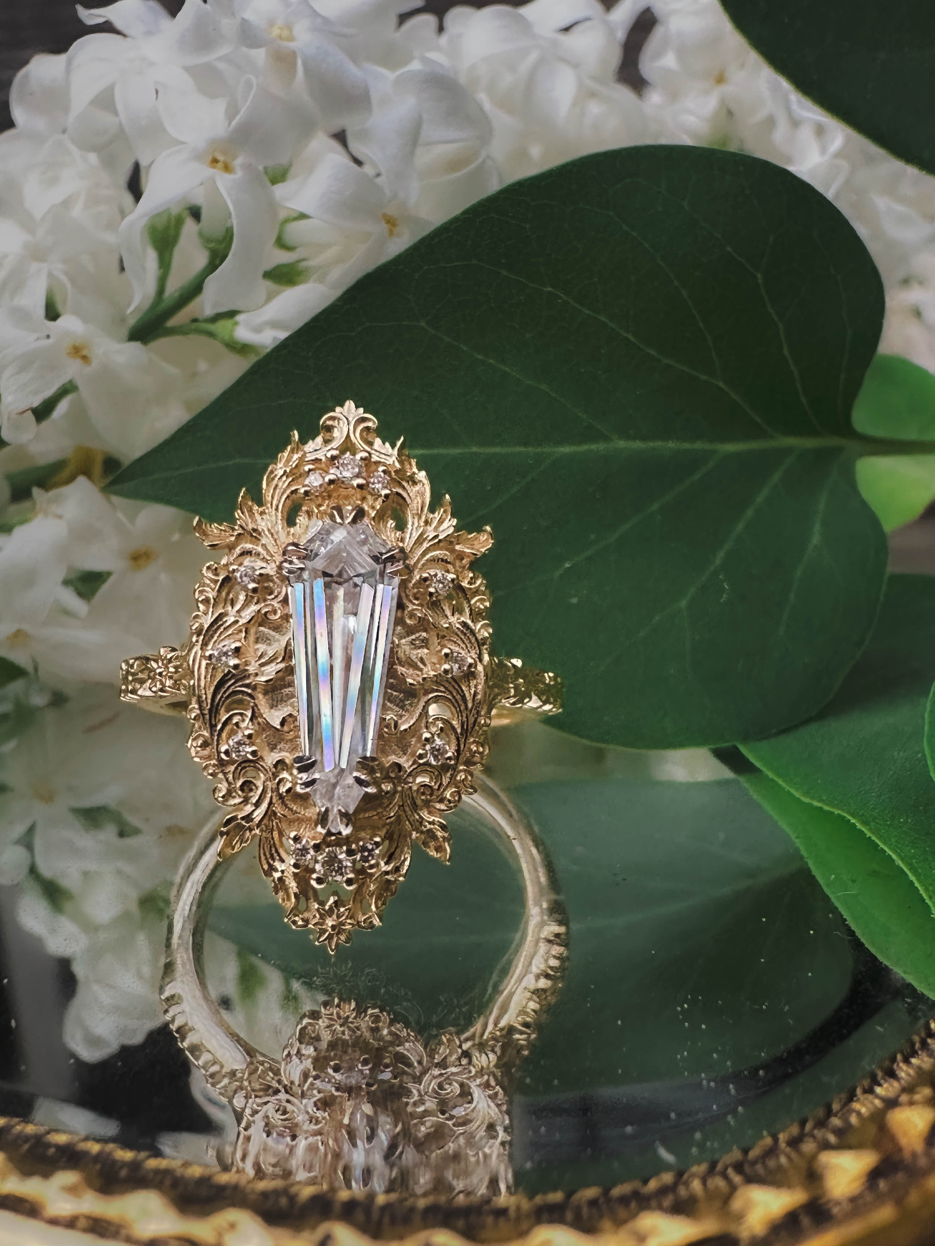 "CHERIE" - ROCOCO-STYLE DAGGER CUT MOISSANITE ENGAGEMENT RING WITH DIAMOND ACCENTS-Staghead Designs