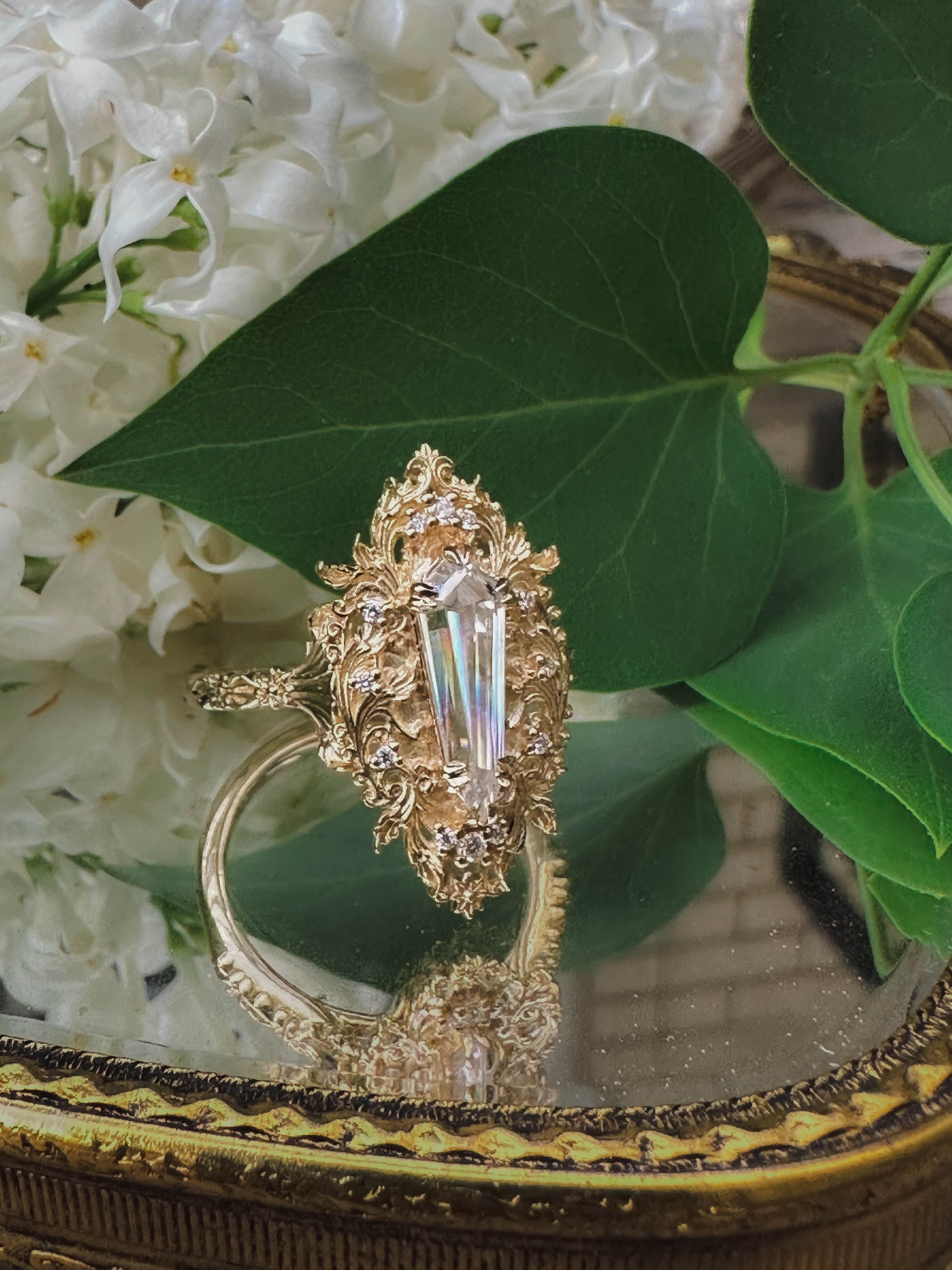 "CHERIE" - ROCOCO-STYLE DAGGER CUT MOISSANITE ENGAGEMENT RING WITH DIAMOND ACCENTS-Staghead Designs