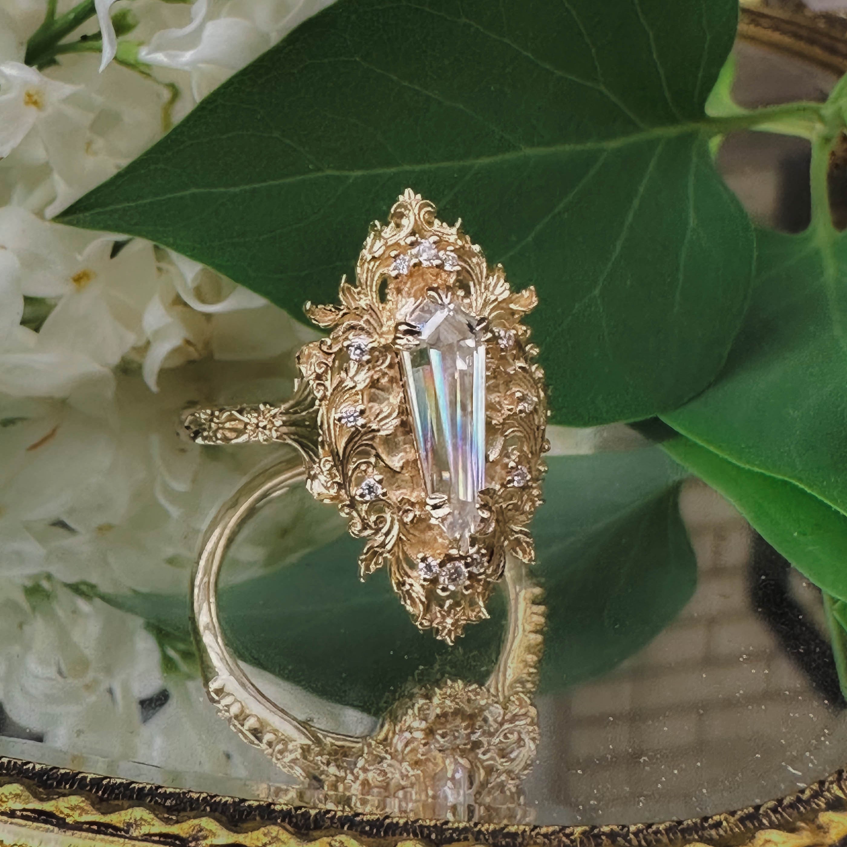 "CHERIE" - ROCOCO-STYLE DAGGER CUT MOISSANITE ENGAGEMENT RING WITH DIAMOND ACCENTS-Staghead Designs