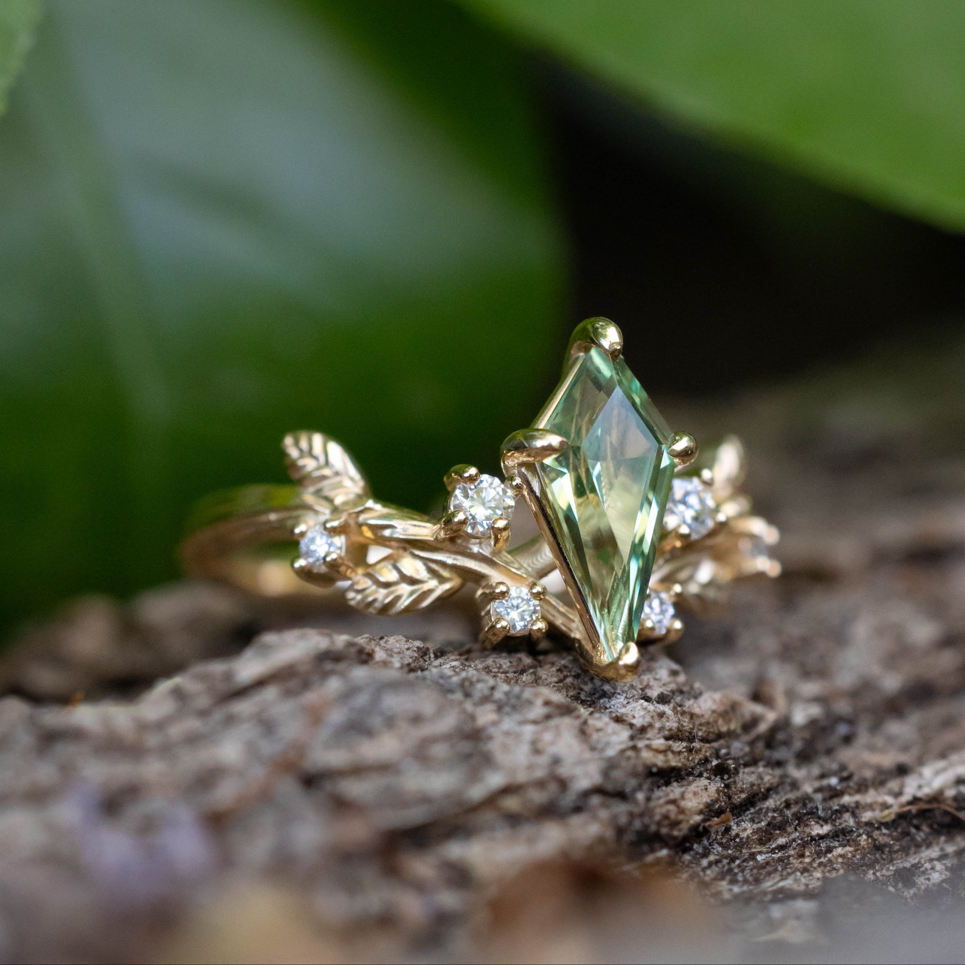 "ARTEMISIA" - KITE CUT LAB-GROWN GREEN SAPPHIRE ENGAGEMENT RING WITH DIAMOND ACCENTS-Staghead Designs