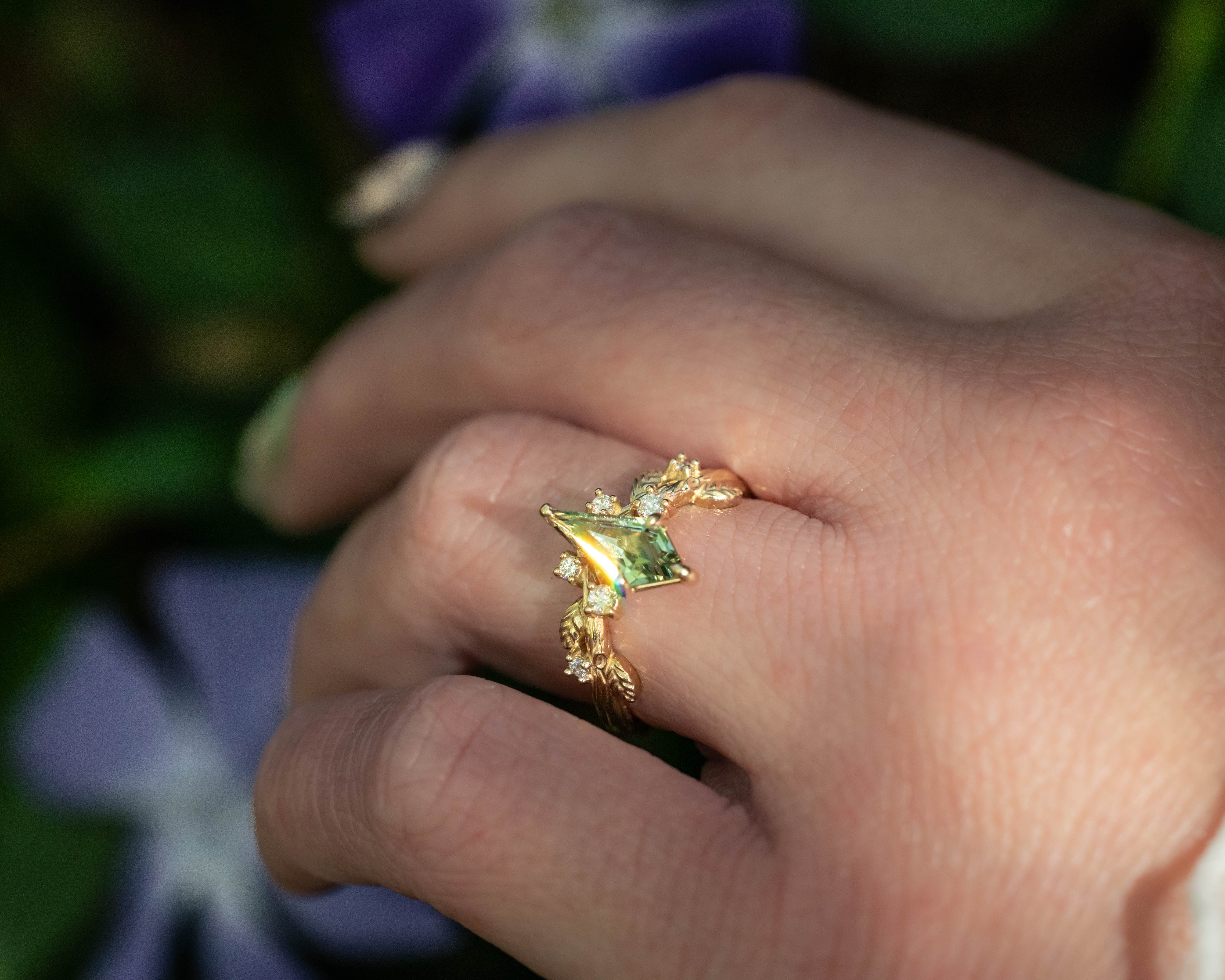 "ARTEMISIA" - KITE CUT LAB-GROWN GREEN SAPPHIRE ENGAGEMENT RING WITH DIAMOND ACCENTS-Staghead Designs