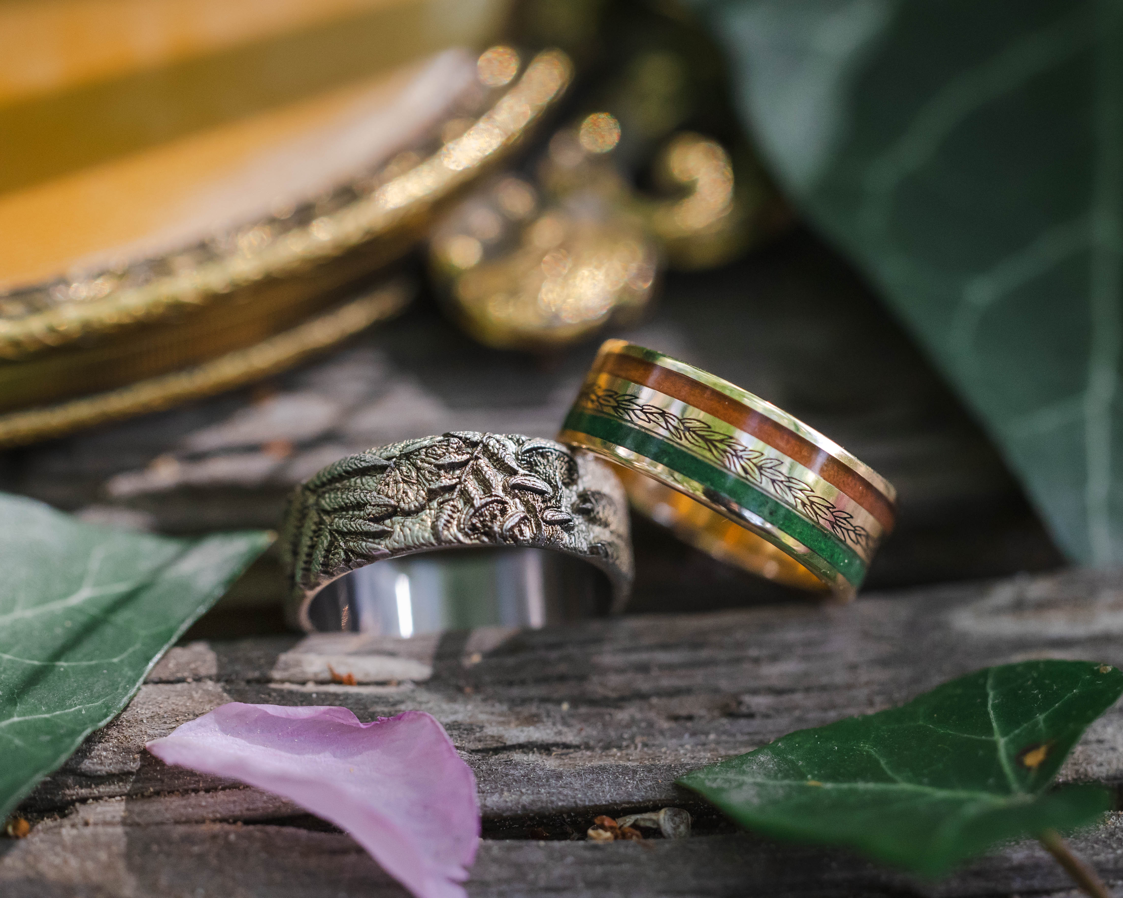 "RYDER" - LAUREL ENGRAVED WEDDING RING WITH REDWOOD & MOSS-Staghead Designs