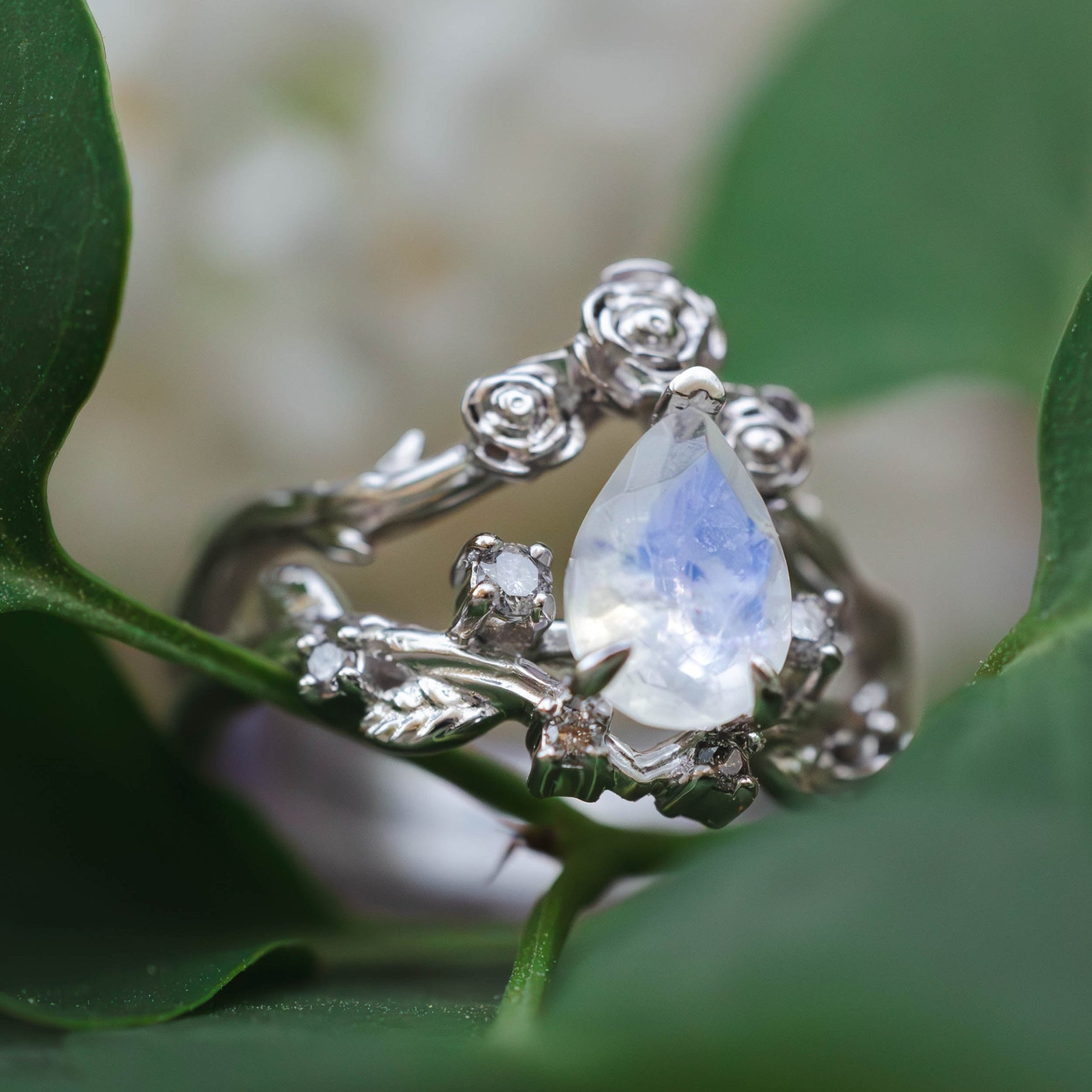 "HARLOW" - PEAR CUT MOONSTONE WOMEN'S ENGAGEMENT RING WITH SALT & PEPPER DIAMOND ACCENTS, BRANCH-STYLE BAND & TRACER-Staghead Designs