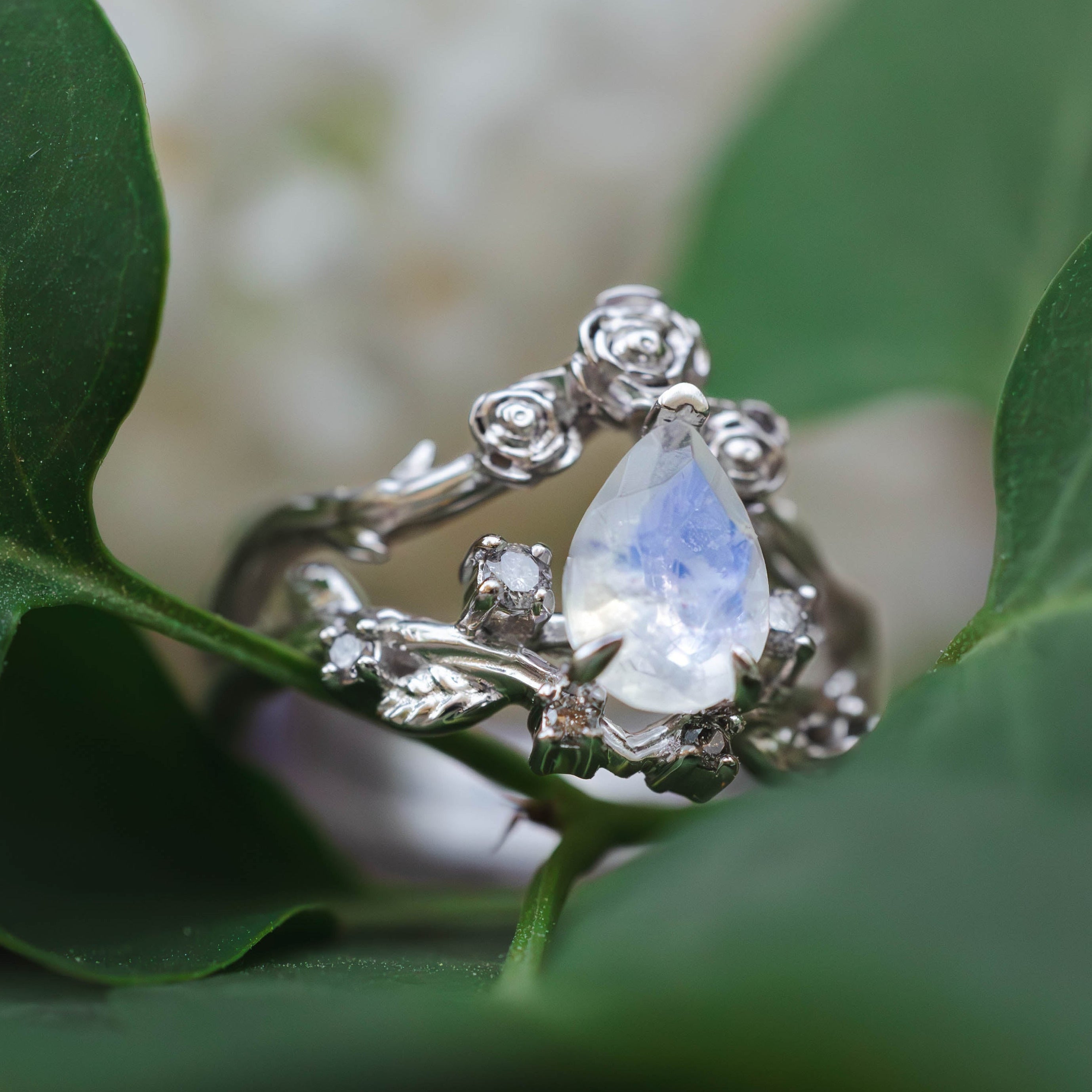 "HARLOW" - PEAR CUT MOONSTONE WOMEN'S ENGAGEMENT RING WITH SALT & PEPPER DIAMOND ACCENTS, BRANCH-STYLE BAND & TRACER-Staghead Designs