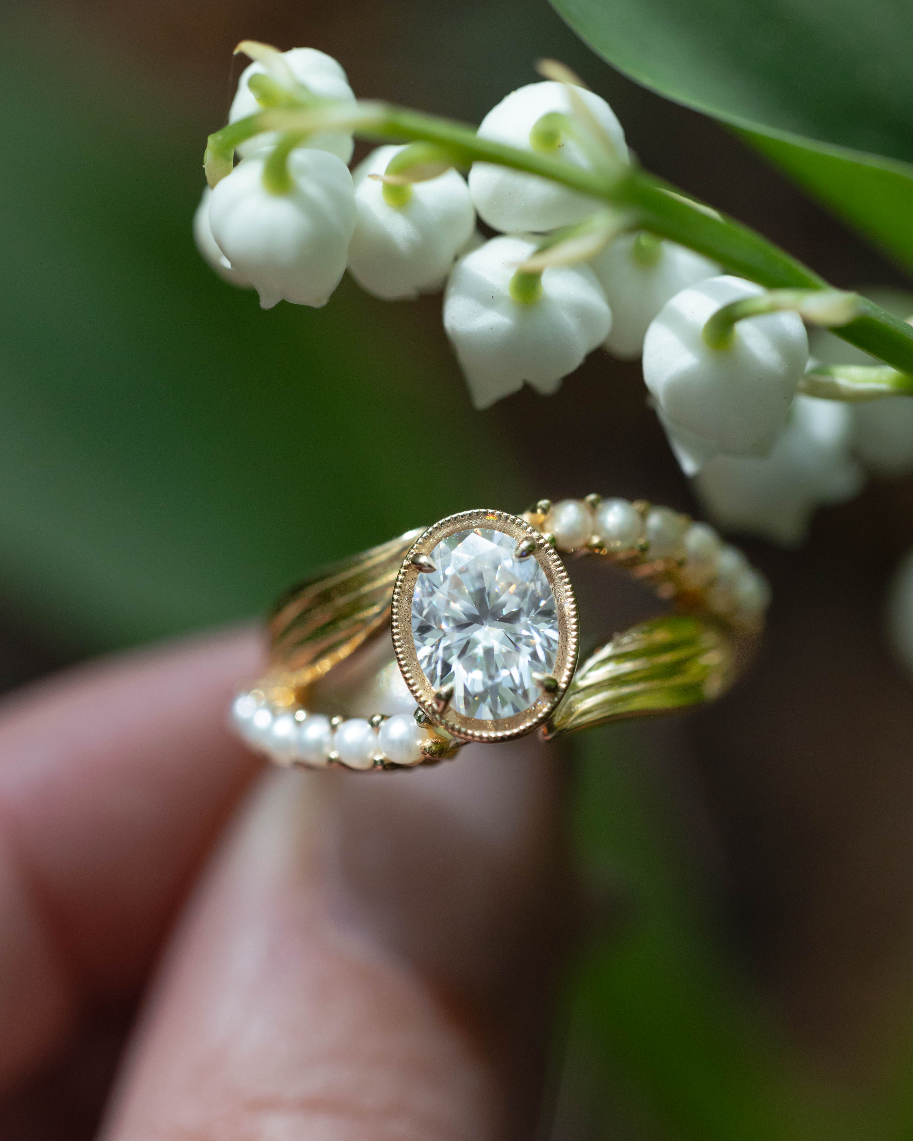 "LILY" - OVAL CUT MOISSANITE ENGAGEMENT RING WITH PEARL ACCENTS-Staghead Designs