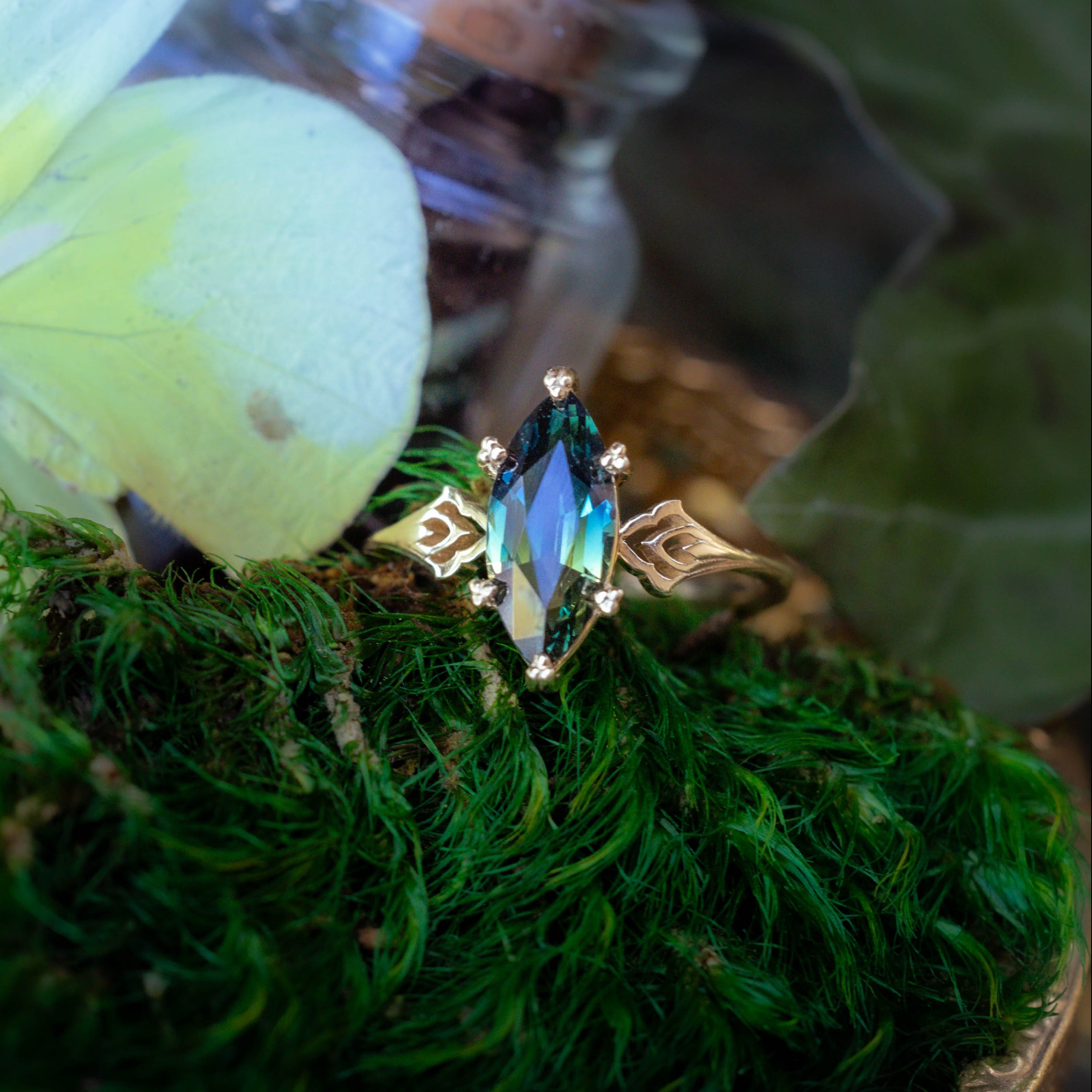 ONE-OF-A-KIND - "MORRIGAN" - ORNATE SOLITAIRE ENGAGEMENT RING WITH MARQUISE CUT AUSTRALIAN SAPPHIRE-Staghead Designs