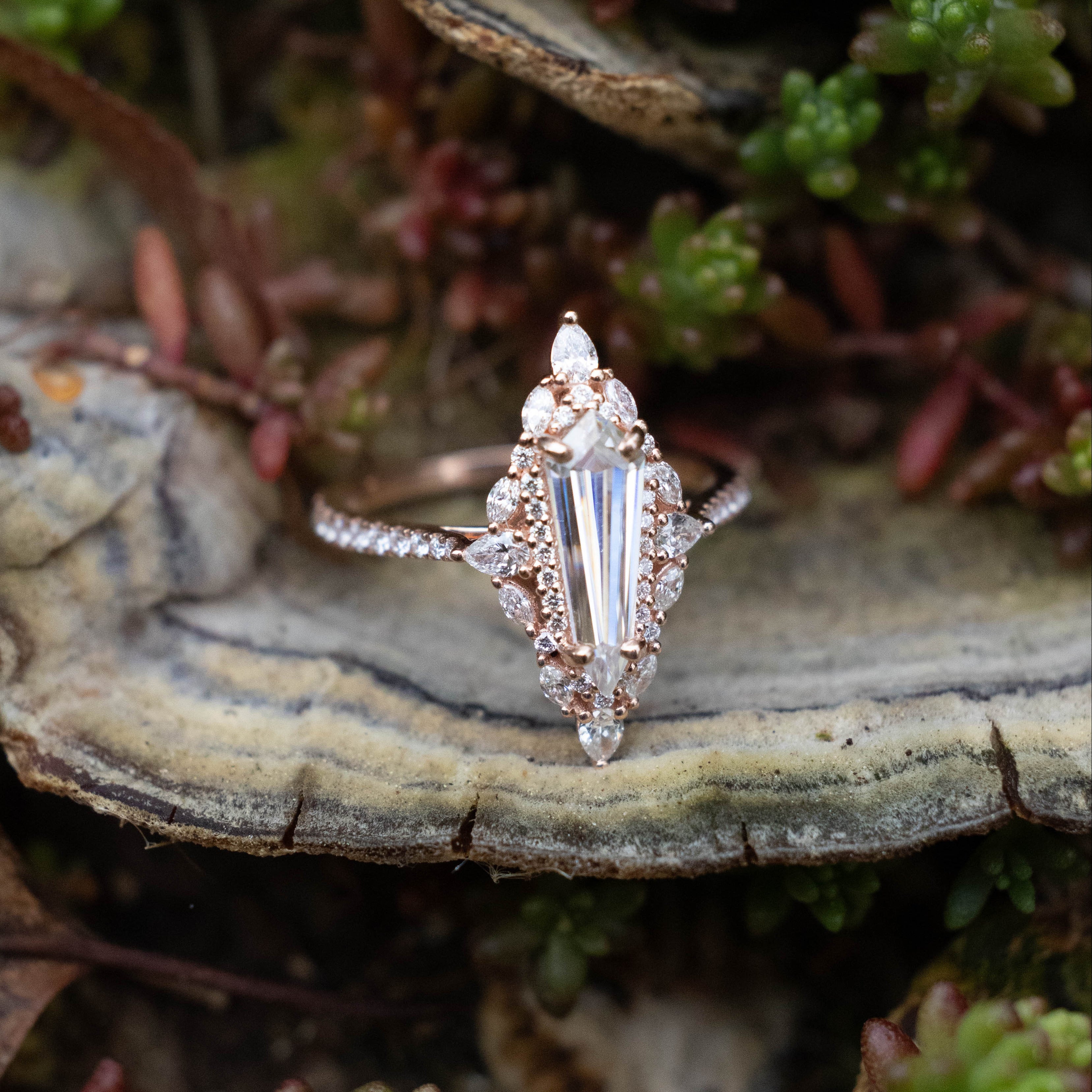 "NORTH STAR" - DAGGER CUT MOISSANITE ENGAGEMENT RING WITH DIAMOND HALO & ACCENTS-Staghead Designs