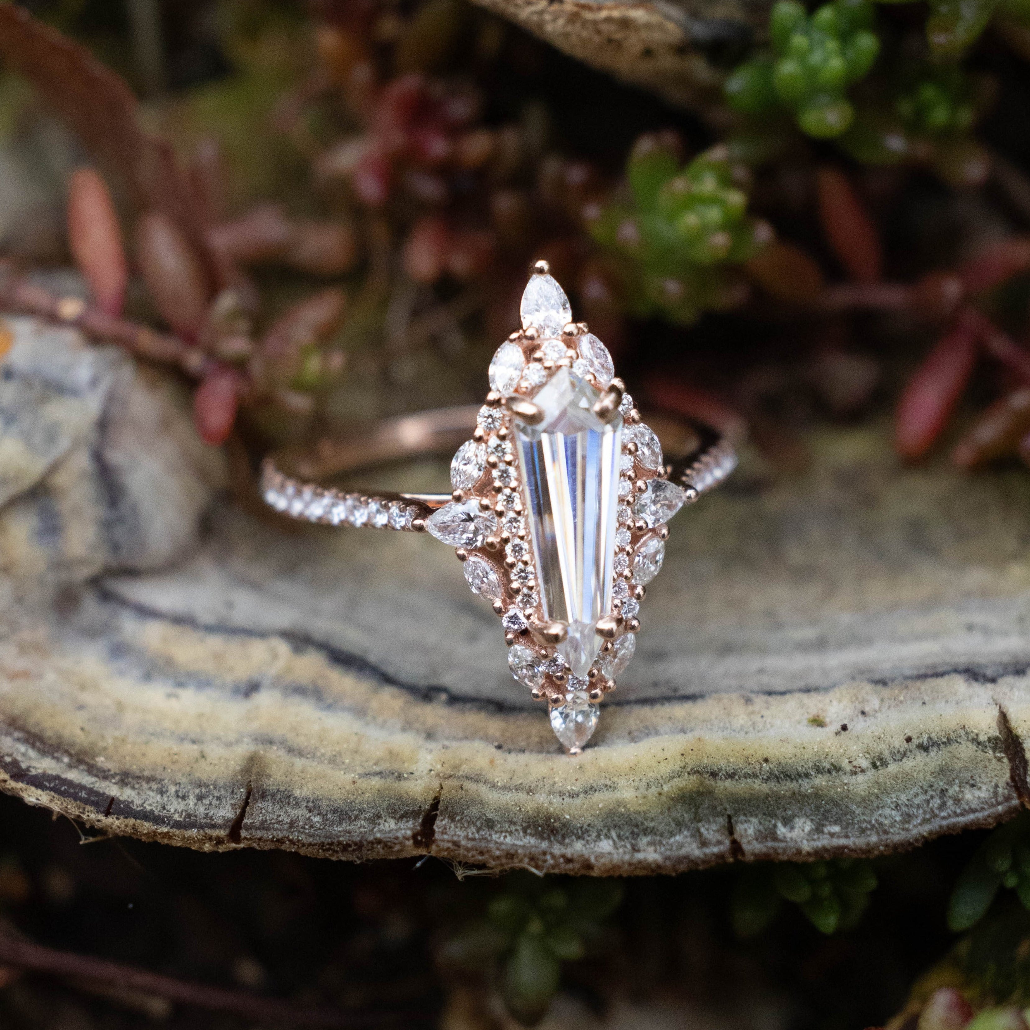 "NORTH STAR" - DAGGER CUT MOISSANITE ENGAGEMENT RING WITH DIAMOND HALO & ACCENTS-Staghead Designs