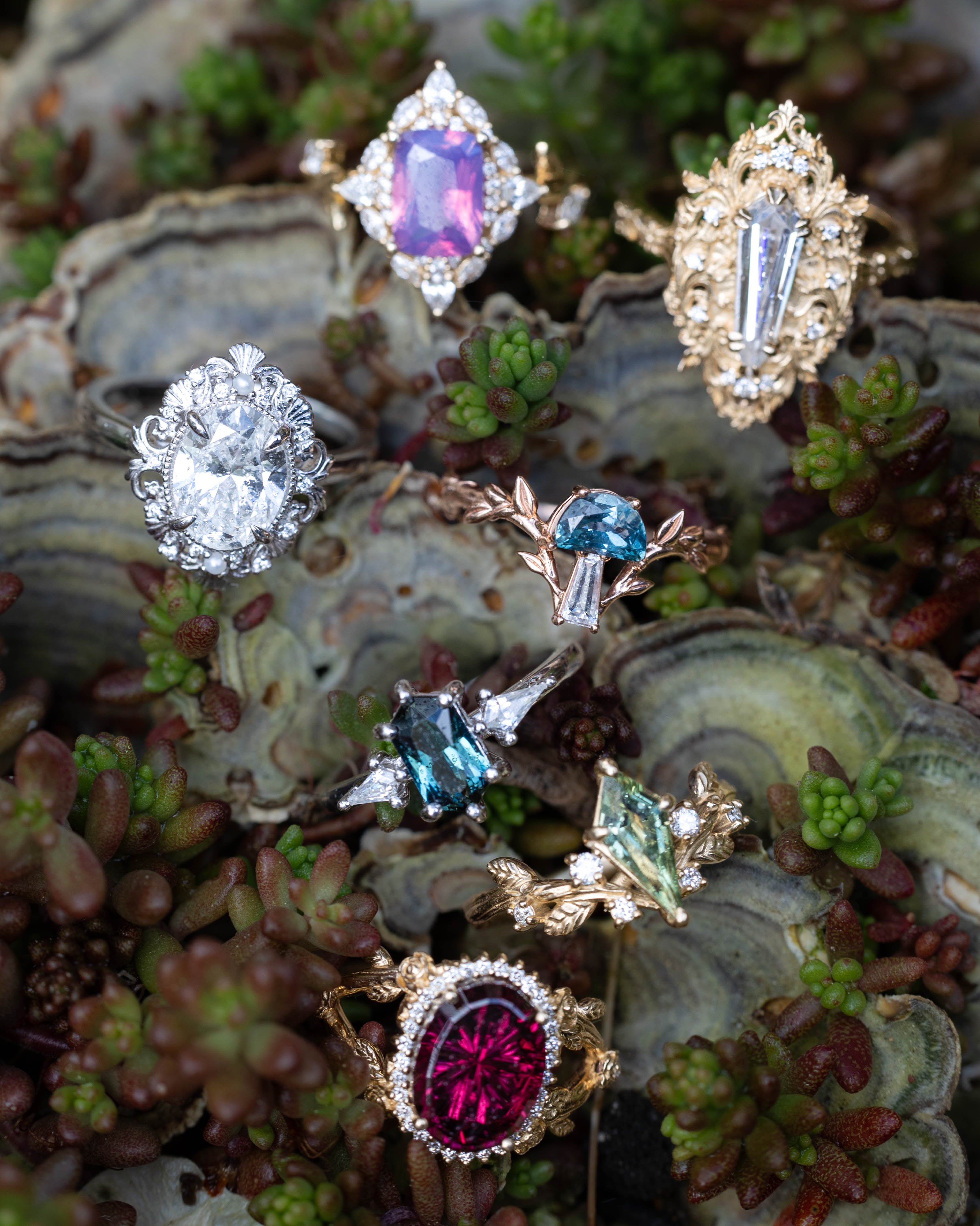 ONE-OF-A-KIND - "ISLA" - ELONGATED HEXAGON CUT AUSTRALIAN SAPPHIRE ENGAGEMENT RING WITH MOISSANITE ACCENTS-Staghead Designs