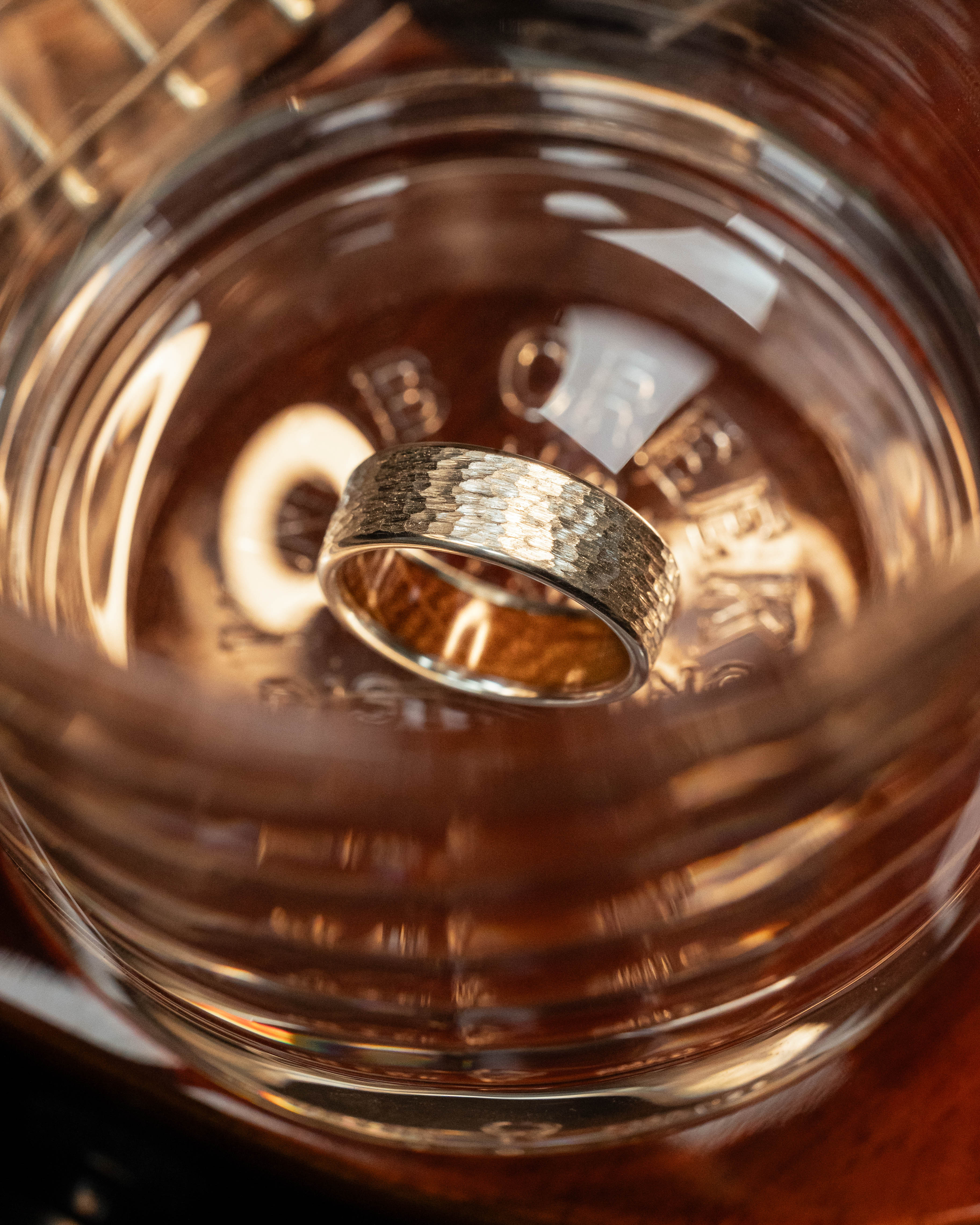 HAMMERED WEDDING BAND WITH WHISKEY BARREL LINING-Staghead Designs