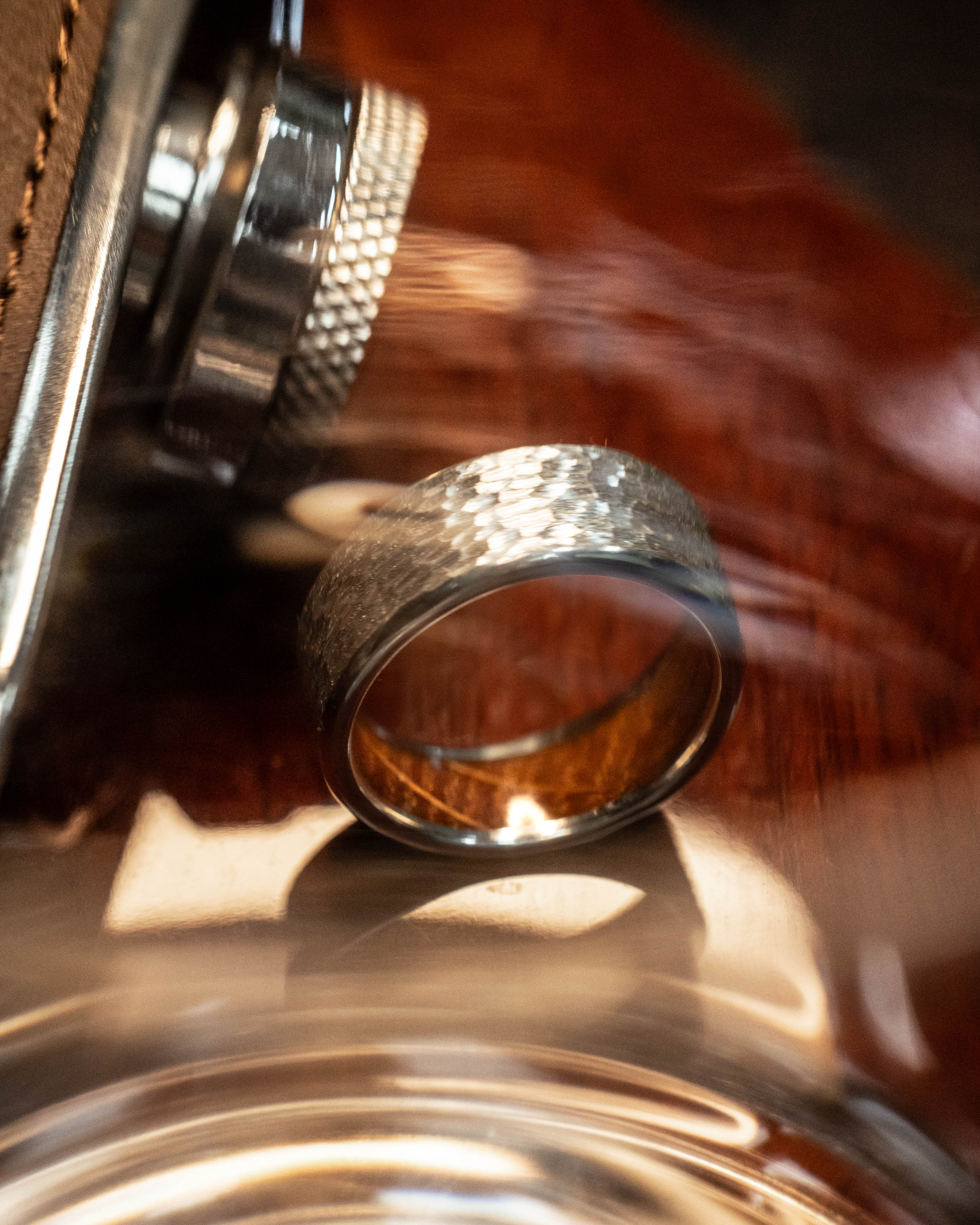 "Hyperion" - Whiskey Barrel Lined Wedding Band With Custom Finish-Staghead Designs