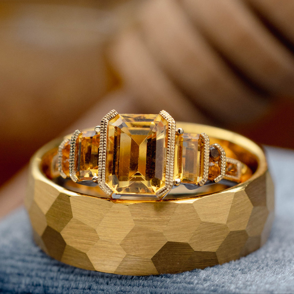 "Hazel" - Emerald Cut Citrine Engagement Ring With Citrine Accents-Staghead Designs