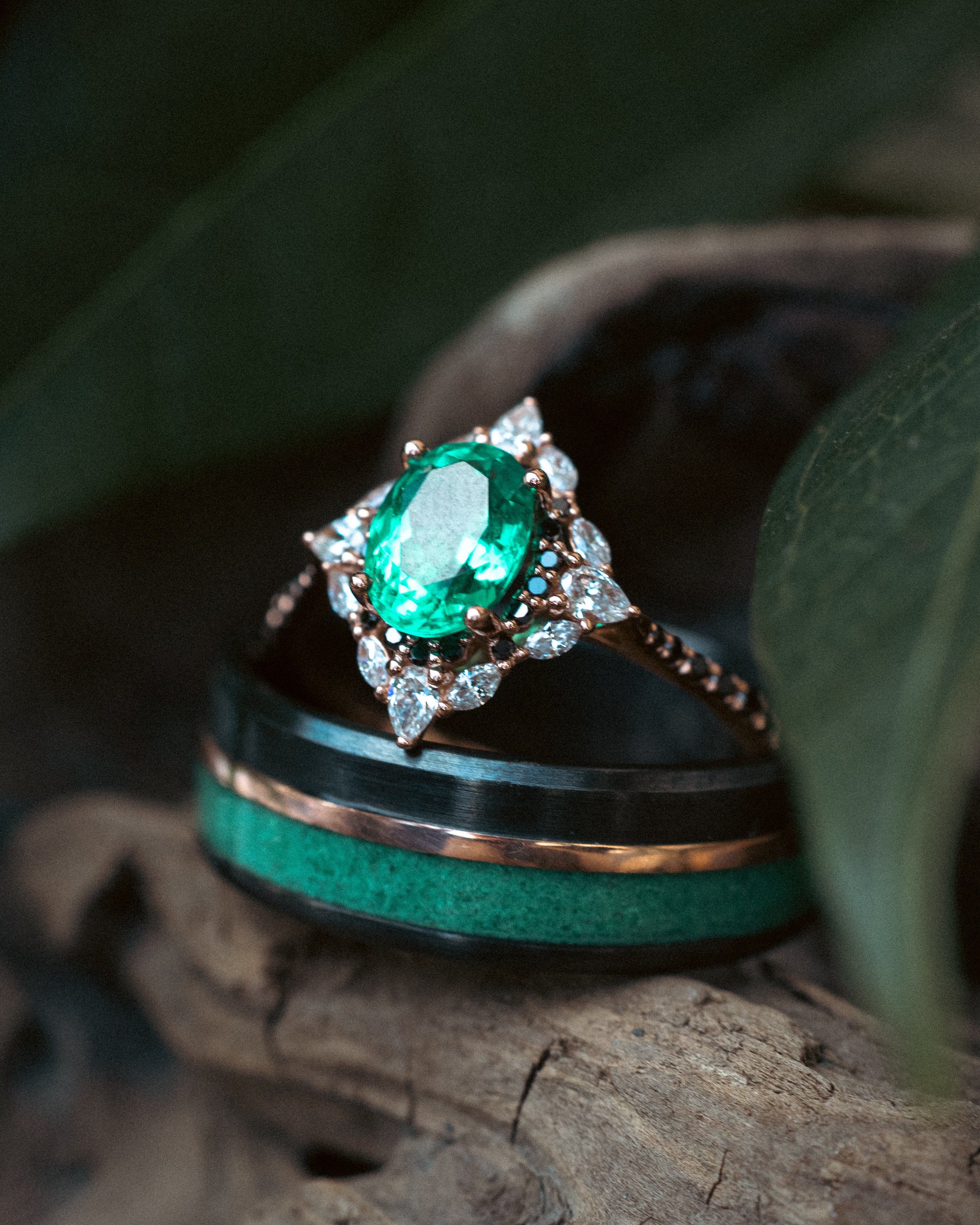 "TANNER" - MALACHITE & 14K GOLD INLAY WEDDING RING FEATURING A BRUSHED BLACK ZIRCONIUM BAND-Staghead Designs