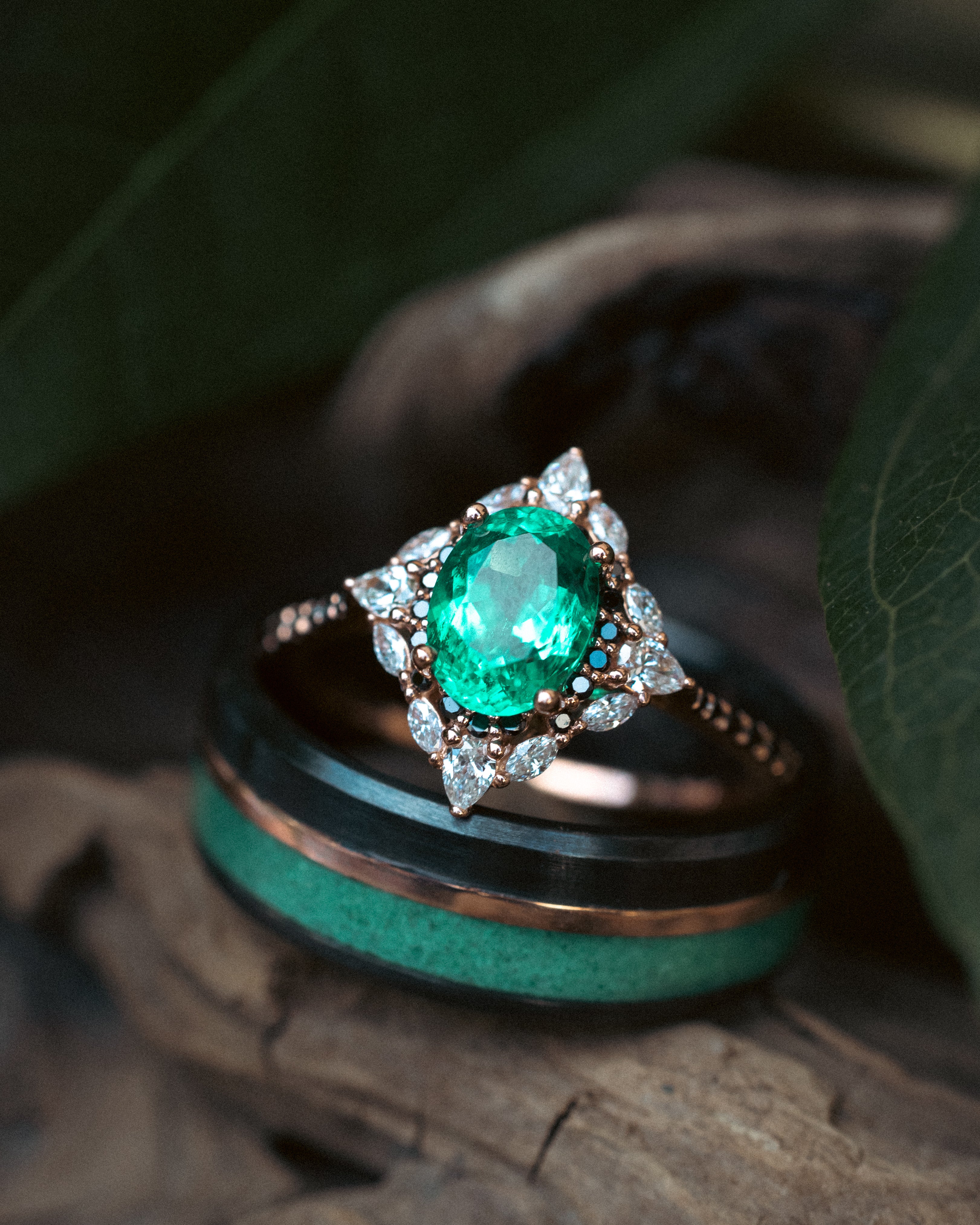 "TANNER" - MALACHITE & 14K GOLD INLAY WEDDING RING FEATURING A BRUSHED BLACK ZIRCONIUM BAND-Staghead Designs