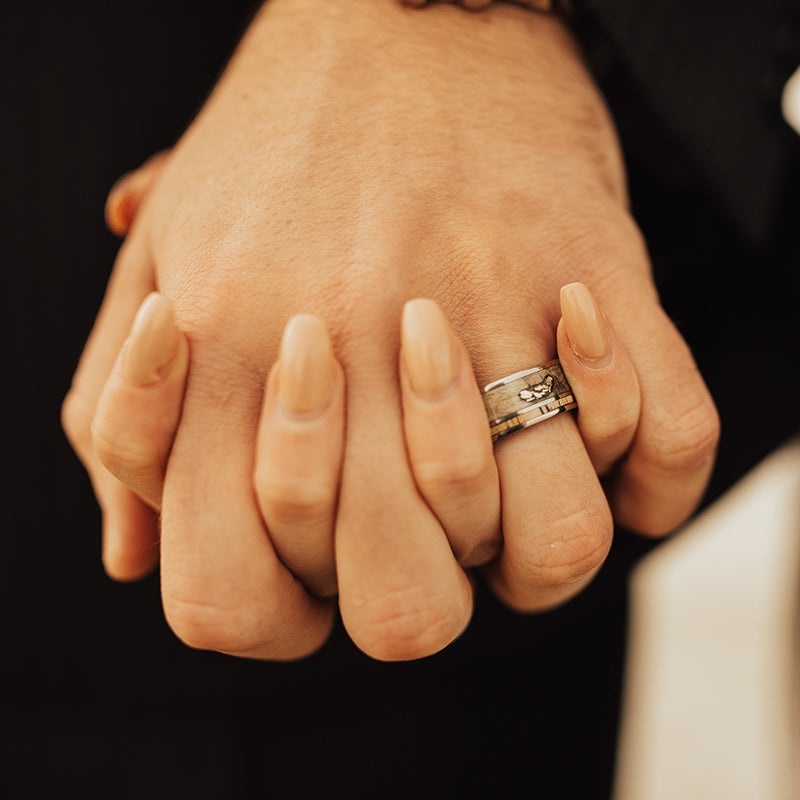"RAPTOR" - WHISKEY BARREL LINED WEDDING RING WITH GOLD NUGGETS IN BUCKEYE BURL WOOD & A SPALTED MAPLE INLAY-20