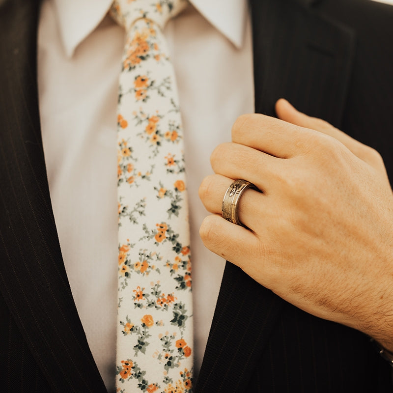 "RAPTOR" - WHISKEY BARREL LINED WEDDING RING WITH GOLD NUGGETS IN BUCKEYE BURL WOOD & A SPALTED MAPLE INLAY-21