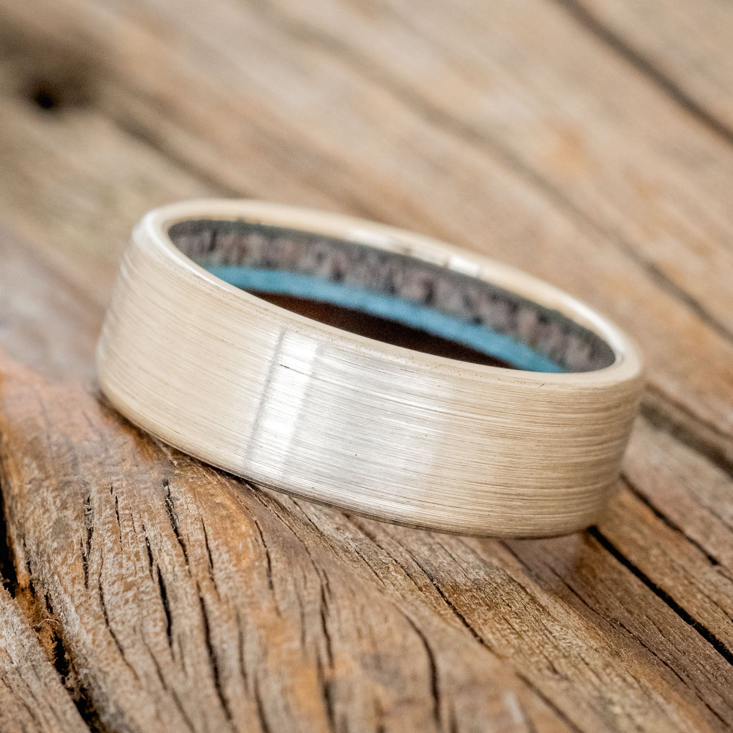 "ARGOS" - ANTLER, IRONWOOD & TURQUOISE LINED WEDDING BAND WITH BRUSHED FINISH-8