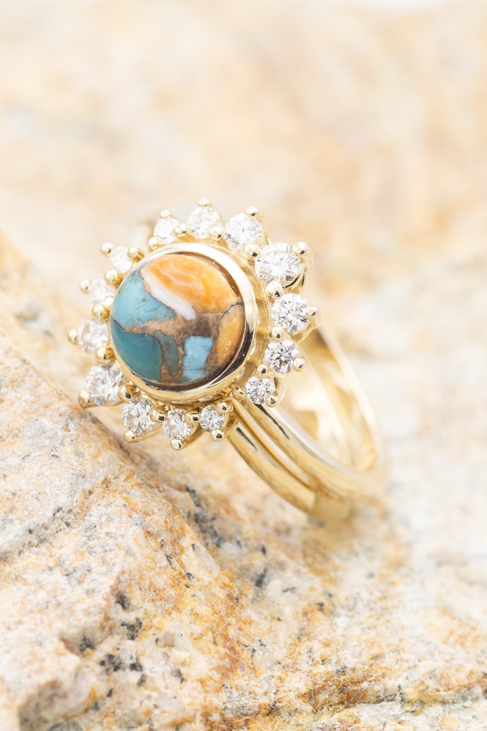 "ESMERALDA" - ROUND CUT SPINY OYSTER TURQUOISE WEDDING BAND WITH DIAMOND ACCENTS-36