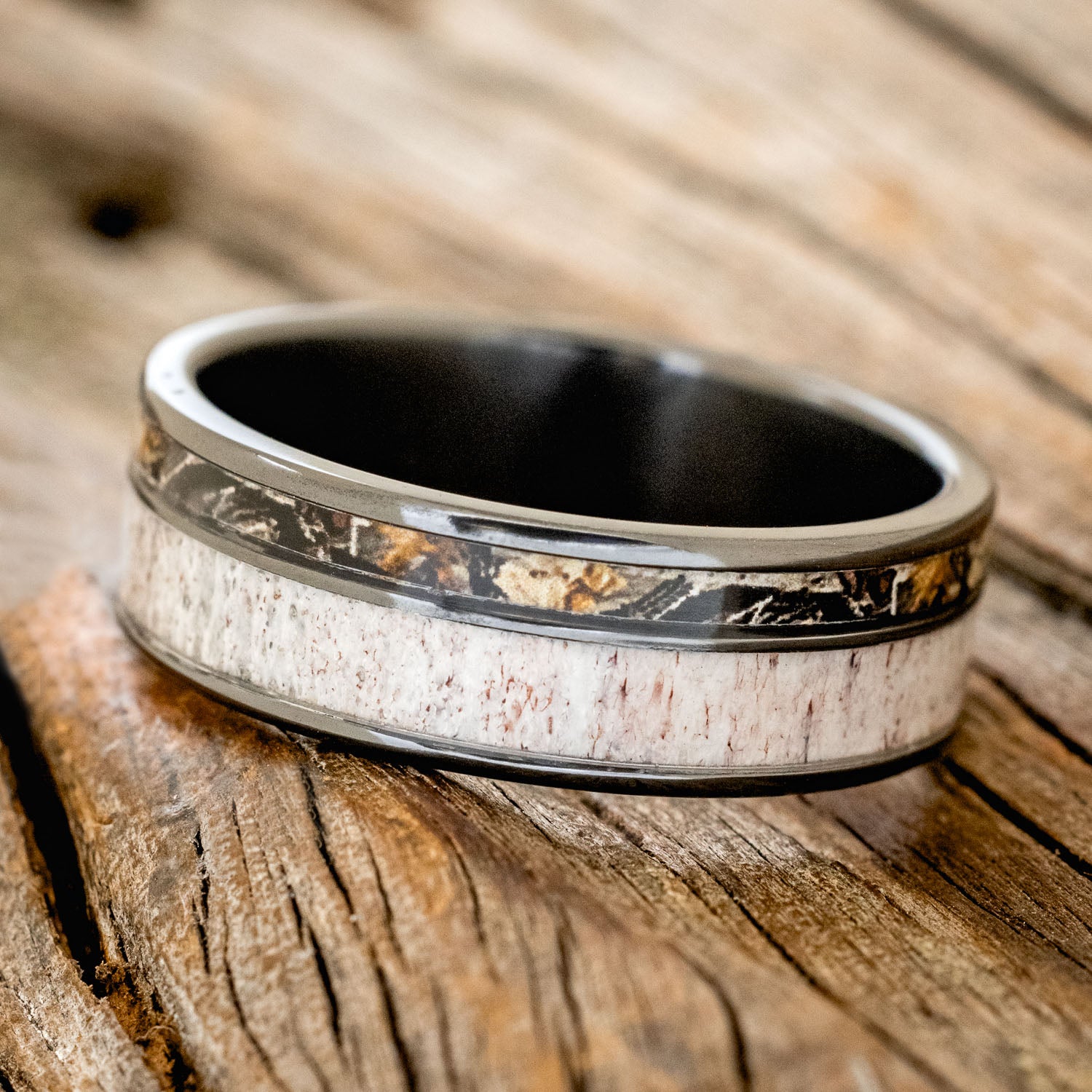 "RAPTOR" - CAMO & ELK ANTLER INLAY WEDDING BAND-5