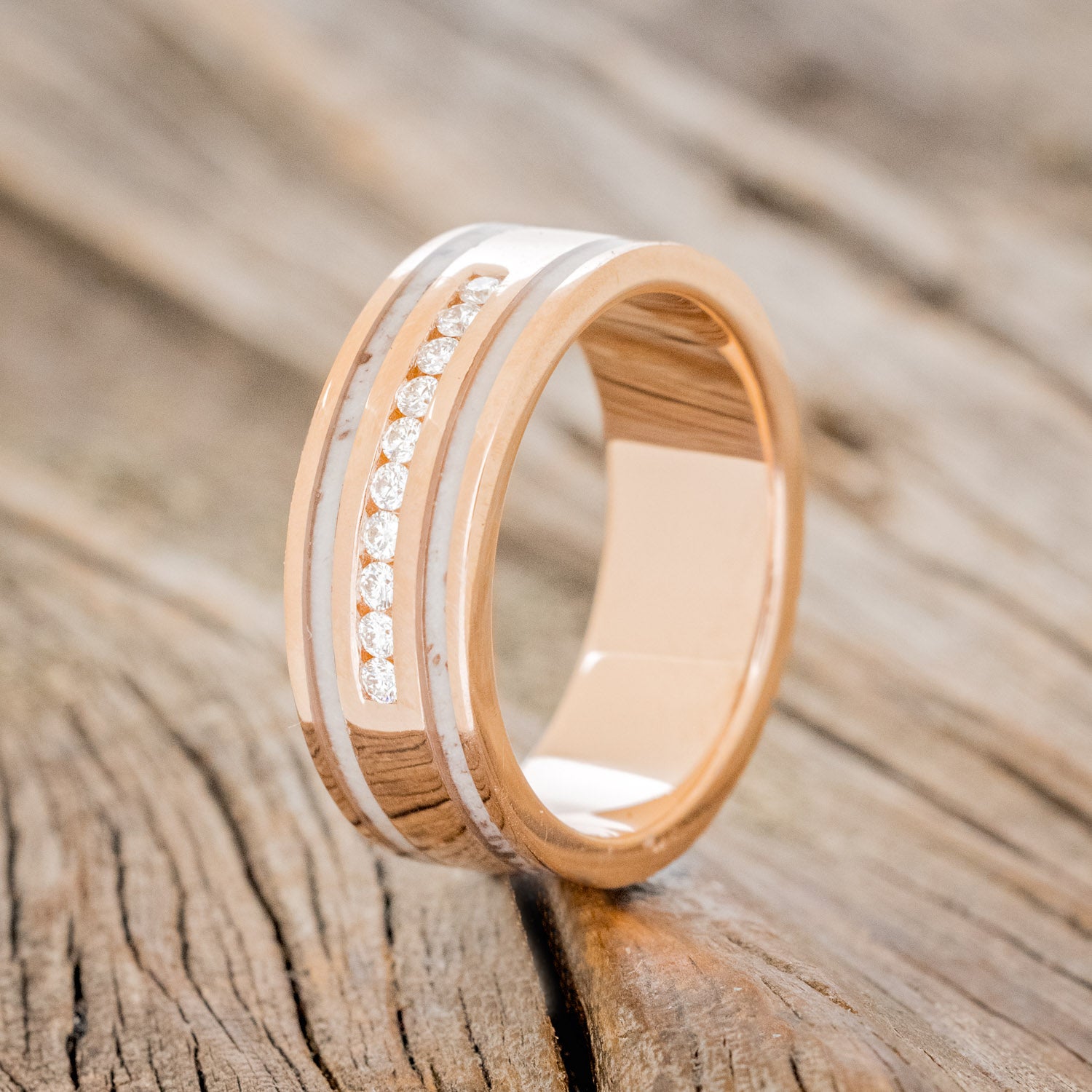 "RYDER" - DIAMONDS & ANTLER INLAYS WEDDING BAND-7