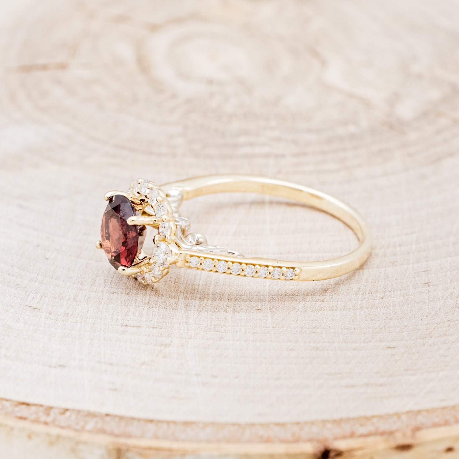 "OPHELIA" - ROUND CUT GARNET ENGAGEMENT RING WITH DIAMOND HALO, ACCENTS & DIAMOND TRACER-9