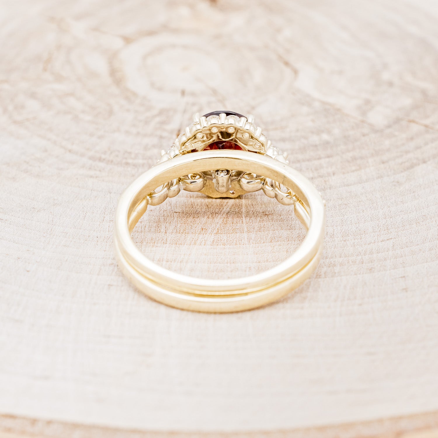 "OPHELIA" - ROUND CUT GARNET ENGAGEMENT RING WITH DIAMOND HALO, ACCENTS & DIAMOND TRACER-5