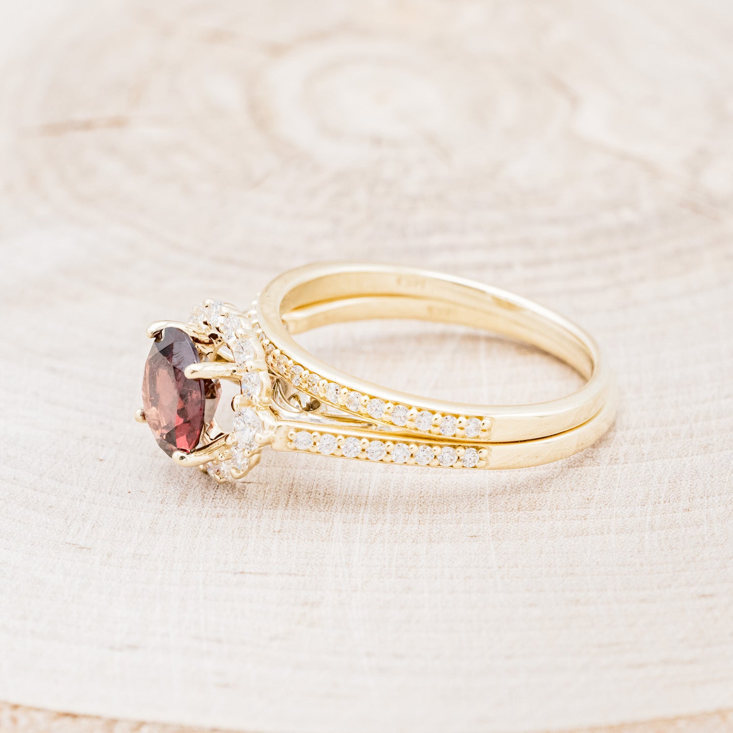 "OPHELIA" - ROUND CUT GARNET ENGAGEMENT RING WITH DIAMOND HALO, ACCENTS & DIAMOND TRACER-3