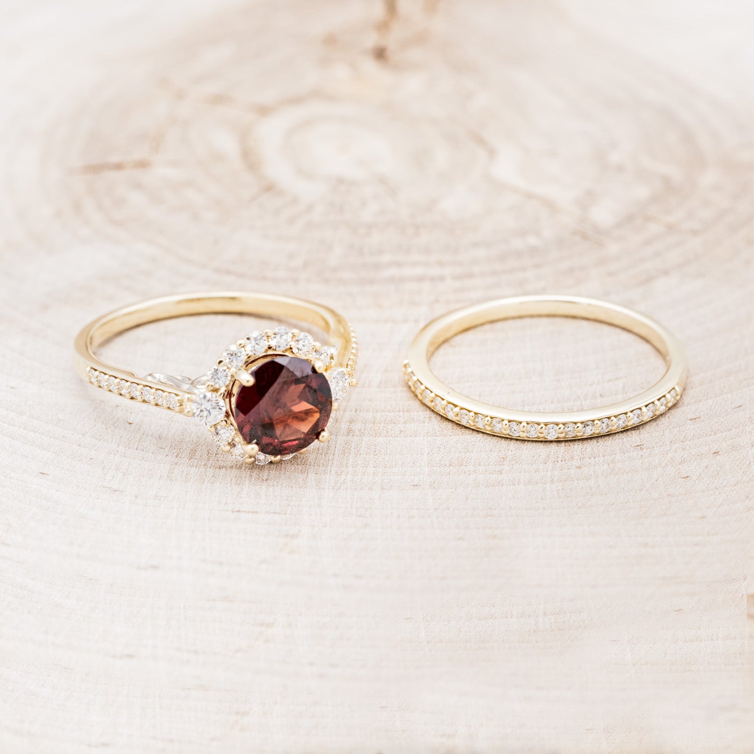 "OPHELIA" - ROUND CUT GARNET ENGAGEMENT RING WITH DIAMOND HALO, ACCENTS & DIAMOND TRACER-6