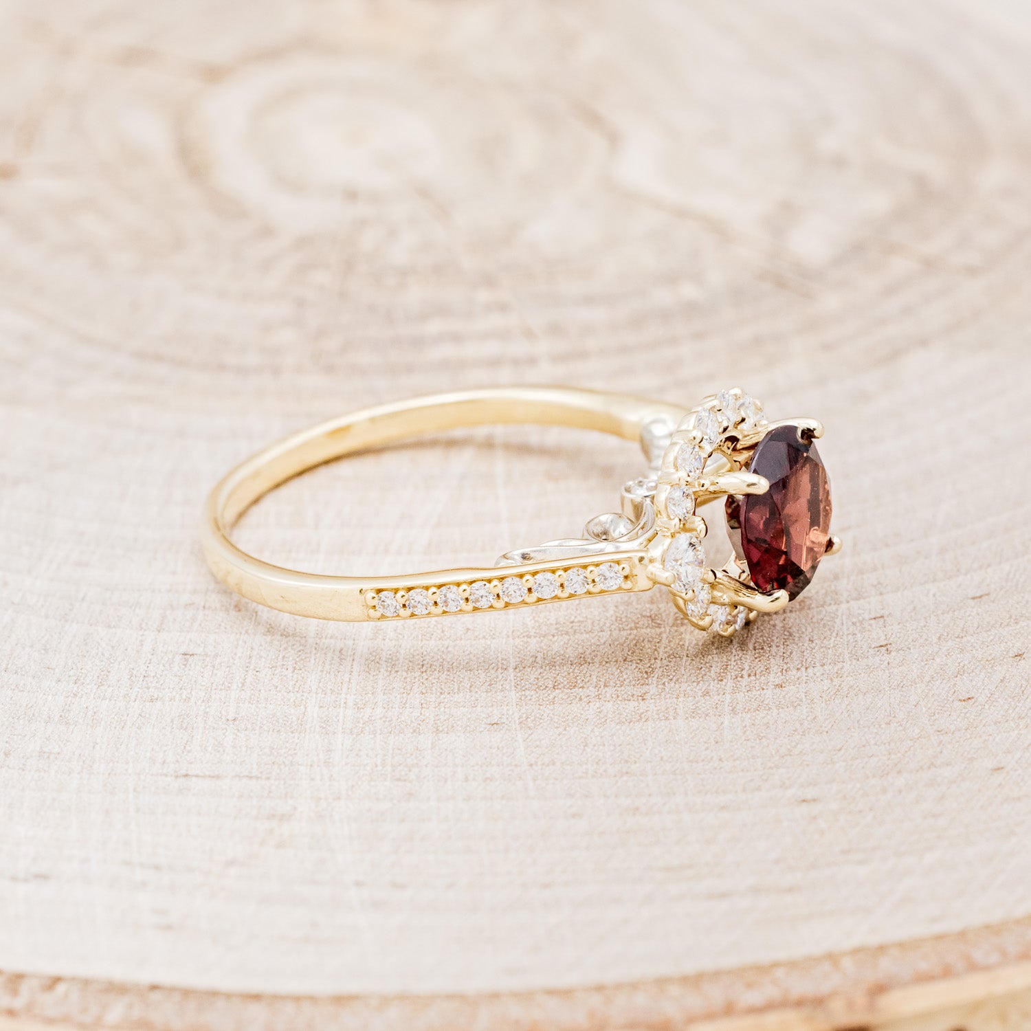 "OPHELIA" - ROUND CUT GARNET ENGAGEMENT RING WITH DIAMOND HALO, ACCENTS & DIAMOND TRACER-8