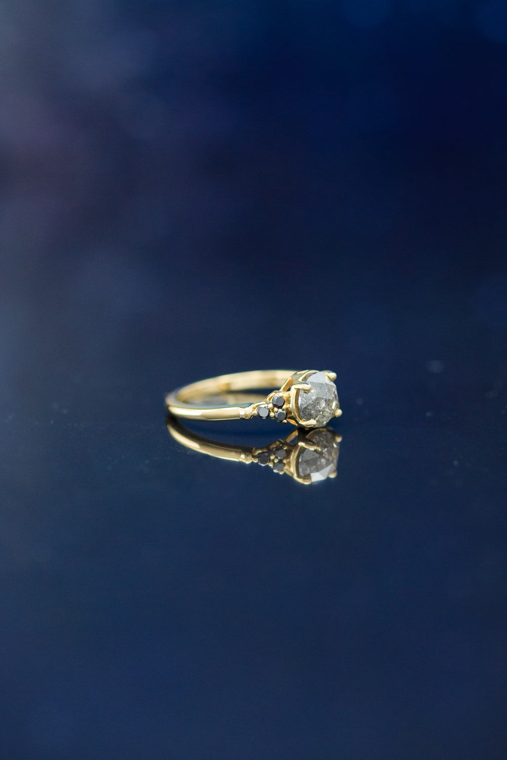 "BELATRIX" - ROSE CUT SALT & PEPPER DIAMOND ENGAGEMENT RING WITH BLACK DIAMOND ACCENTS-3