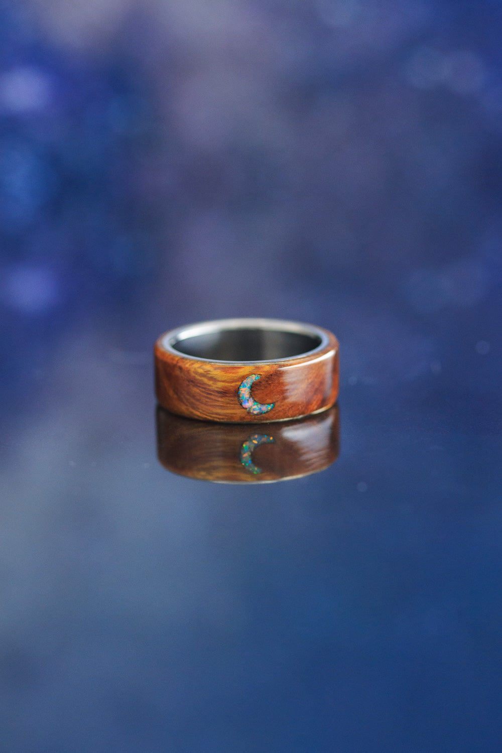 "THERON" - IRONWOOD WEDDING BAND WITH CRESCENT MOON ENGRAVING & FIRE AND ICE OPAL INLAY-8