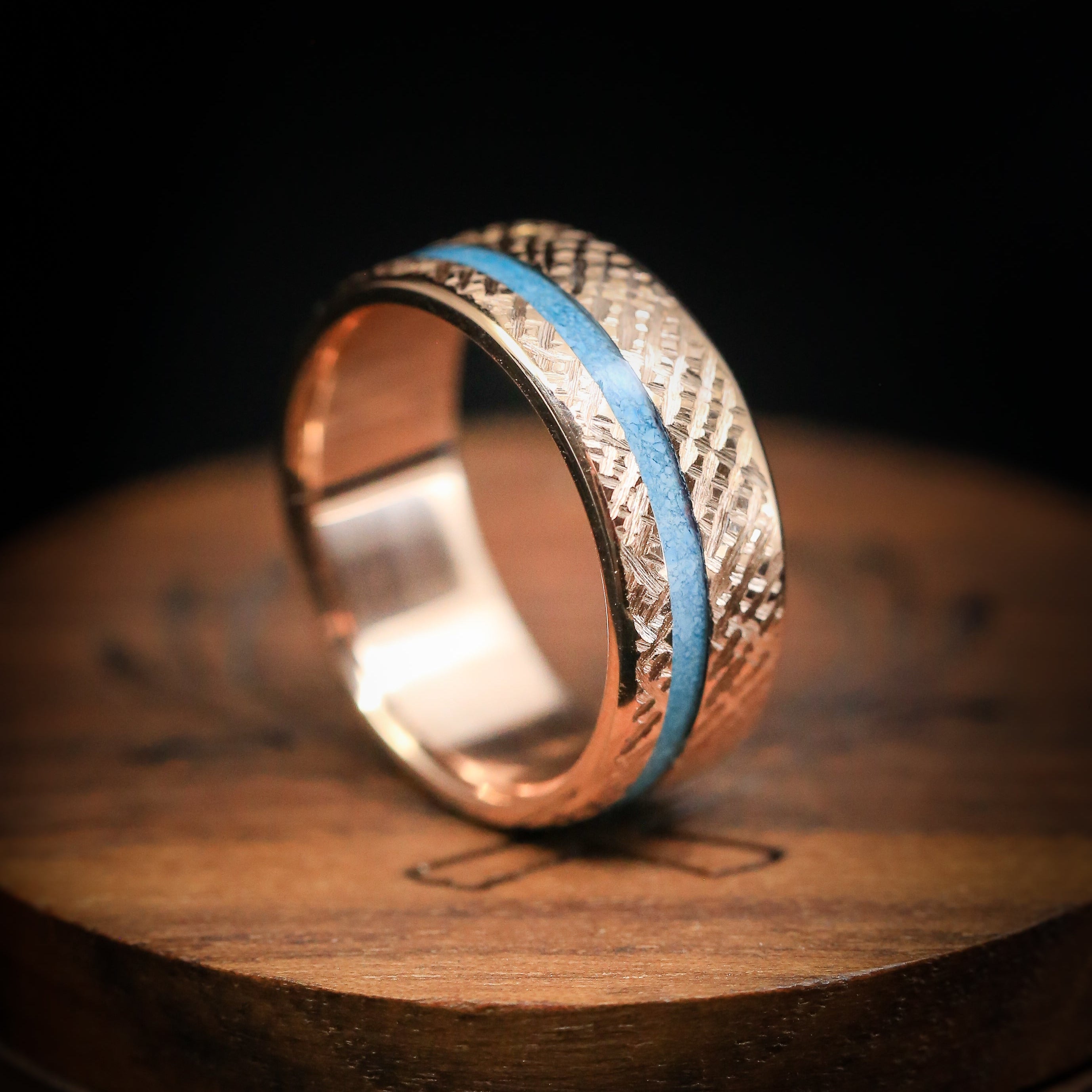 "VERTIGO" - TURQUOISE WEDDING BAND WITH CROSSHATCHED FINISH-8