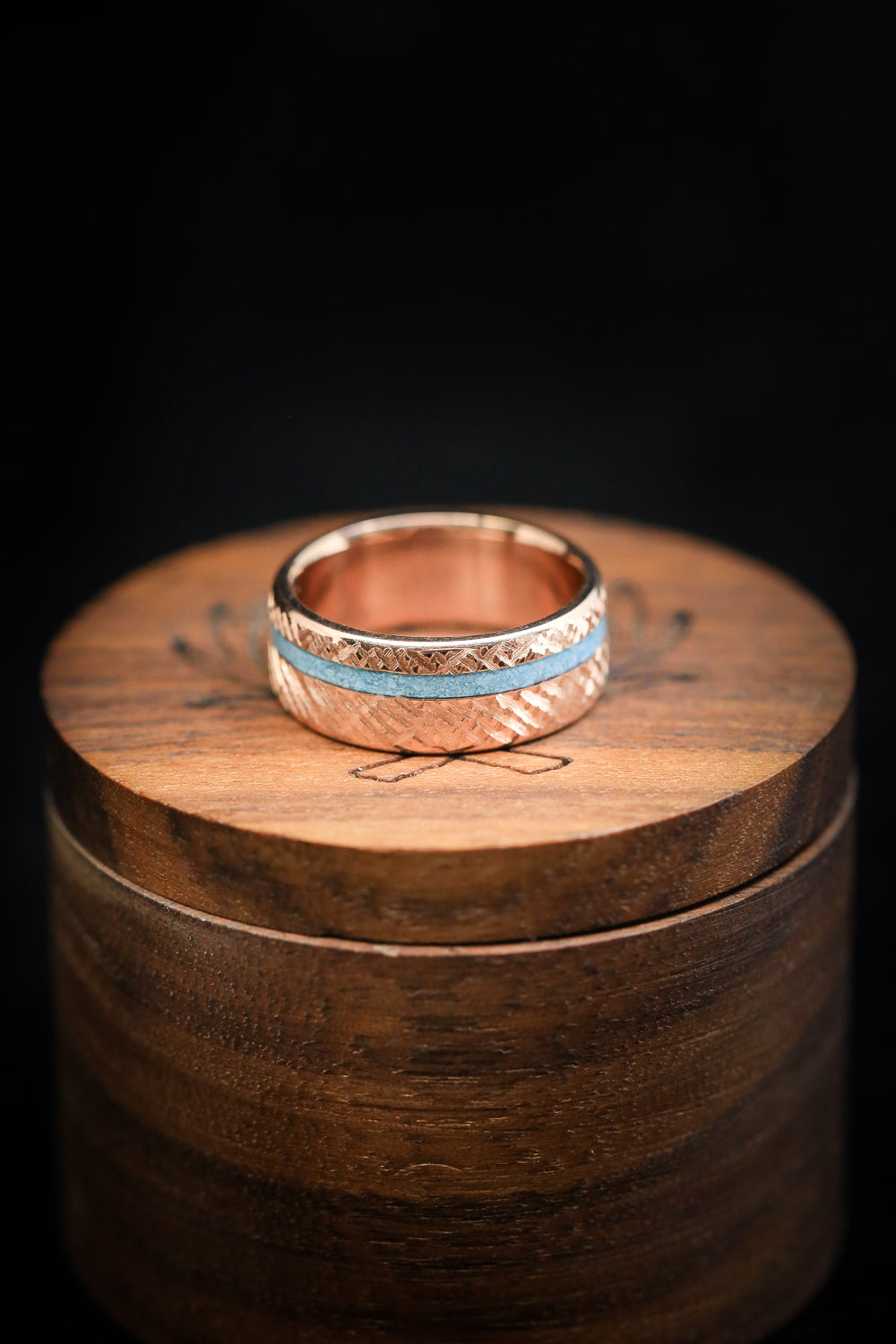 "VERTIGO" - TURQUOISE WEDDING BAND WITH CROSSHATCHED FINISH-9