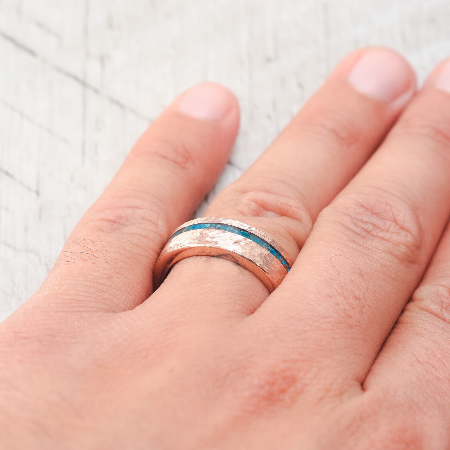 "VERTIGO" - PATINA COPPER WEDDING RING FEATURING A TURQUOISE LINING & HAMMERED 14K GOLD BAND-14